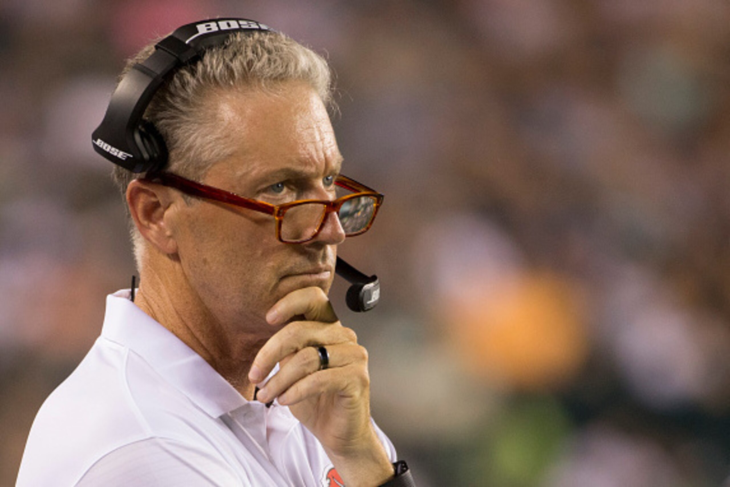 PHILADELPHIA, PA - AUGUST 11: Head coach Dirk Koetter of the Tampa Bay Buccaneers looks on against the Philadelphia Eagles at Lincoln Financial Field on August 11, 2016 in Philadelphia, Pennsylvania. The Eagles defeated the Buccaneers 17-9. (Photo by Mitc