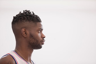 CAMDEN, NJ - SEPTEMBER 26: Nerlens Noel #4 of the Philadelphia 76ers looks on during media day on September 26, 2016 in Camden, New Jersey. NOTE TO USER: User expressly acknowledges and agrees that, by downloading and or using this photograph, User is con