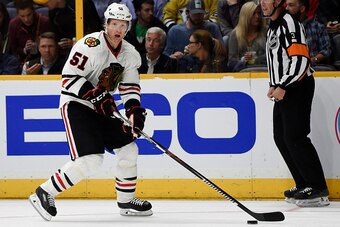 NASHVILLE, TN - OCTOBER 14:  Brian Campbell #51 of the Chicago Blackhawks against the Nashville Predators at Bridgestone Arena on October 14, 2016 in Nashville, Tennessee.  (Photo by Sanford Myers/Getty Images) *** Local Caption ***Brian Campbell 'n'n