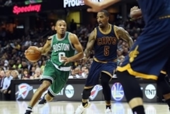 Nov 3, 2016; Cleveland, OH, USA; Boston Celtics guard Avery Bradley (0) drives to the basket as Cleveland Cavaliers guard J.R. Smith (5) defends during the second quarter at Quicken Loans Arena. The Cavs won 128-122. Mandatory Credit: Ken Blaze-USA TODAY 