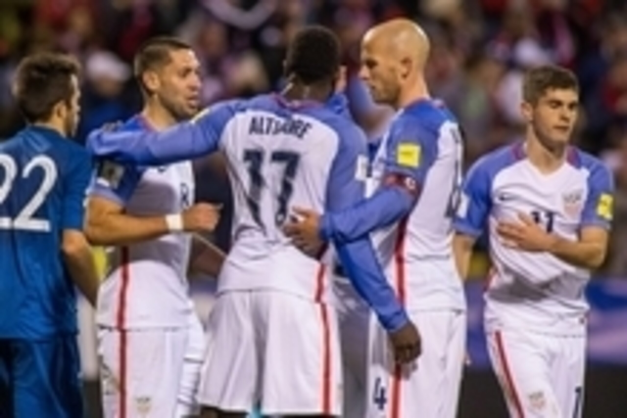 Mar 29, 2016; Columbus, OH, USA; United States forward Jozy Altidore (17) celebrates his goal with fteammates in the second half of the game against Guatemala during the semifinal round of the 2018 FIFA World Cup qualifying soccer tournament at MAPFRE Sta