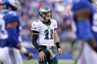 Nov 6, 2016; East Rutherford, NJ, USA; Philadelphia Eagles quarterback Carson Wentz (11) reacts during the second quarter against the New York Giants at MetLife Stadium. Mandatory Credit: Brad Penner-USA TODAY Sports