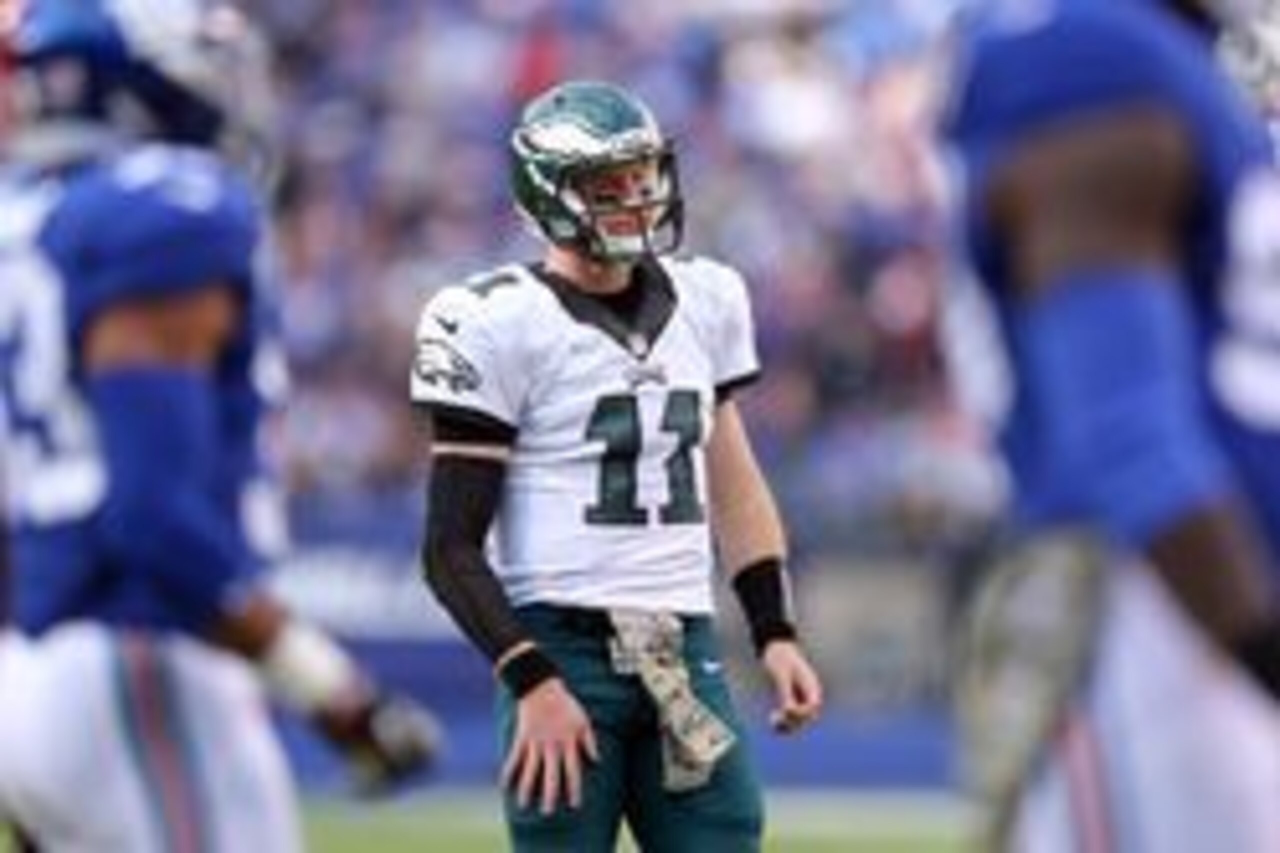 Nov 6, 2016; East Rutherford, NJ, USA; Philadelphia Eagles quarterback Carson Wentz (11) reacts during the second quarter against the New York Giants at MetLife Stadium. Mandatory Credit: Brad Penner-USA TODAY Sports Nov 6, 2016; East Rutherford, NJ, USA; Philadelphia Eagles quarterback Carson Wentz (11) reacts during the second quarter against the New York Giants at MetLife Stadium. Mandatory Credit: Brad Penner-USA TODAY Sports