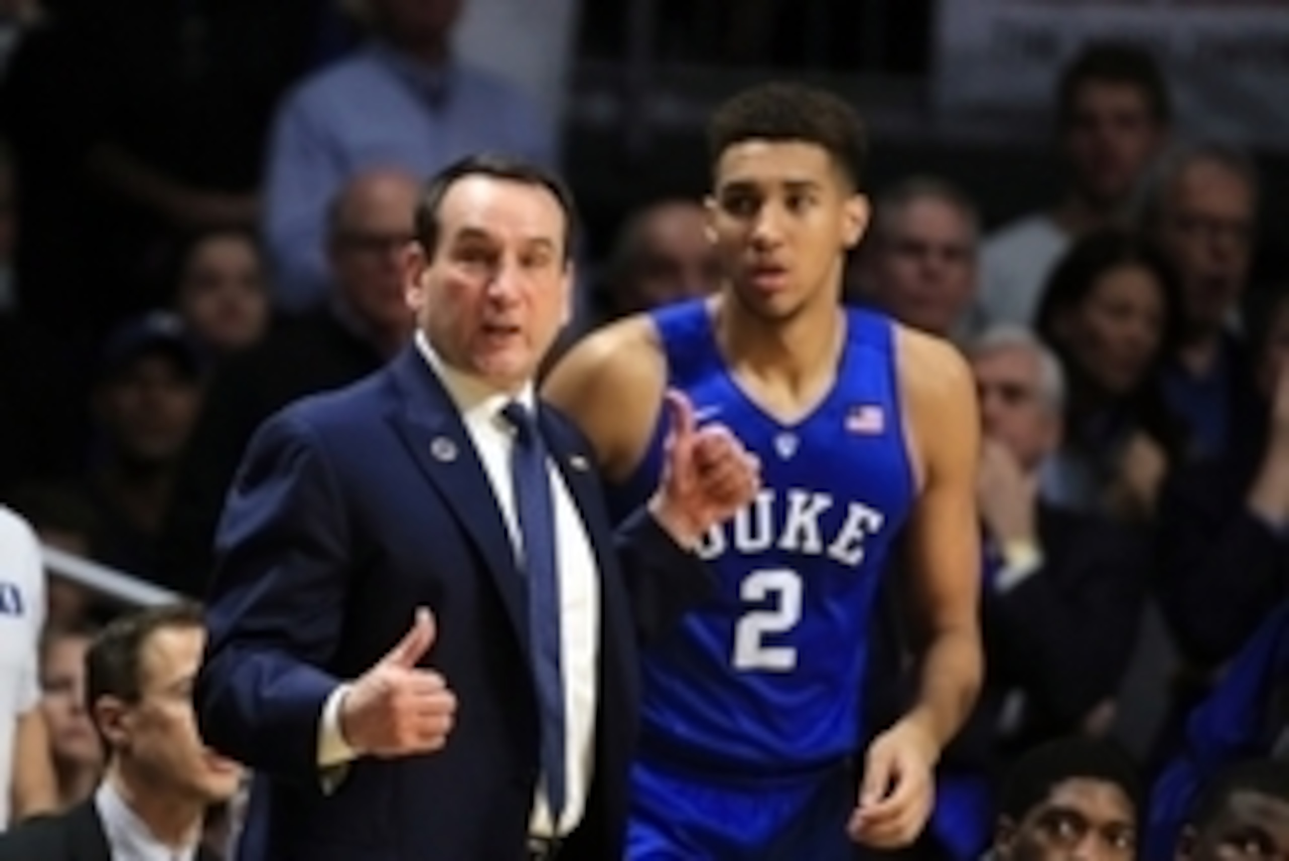 Jan 25, 2016; Coral Gables, FL, USA; Duke Blue Devils head coach Mike Krzyzewski (left) talks with Duke Blue Devils forward Chase Jeter (right) during the first half against Miami Hurricanes at BankUnited Center. Mandatory Credit: Steve Mitchell-USA TODAY