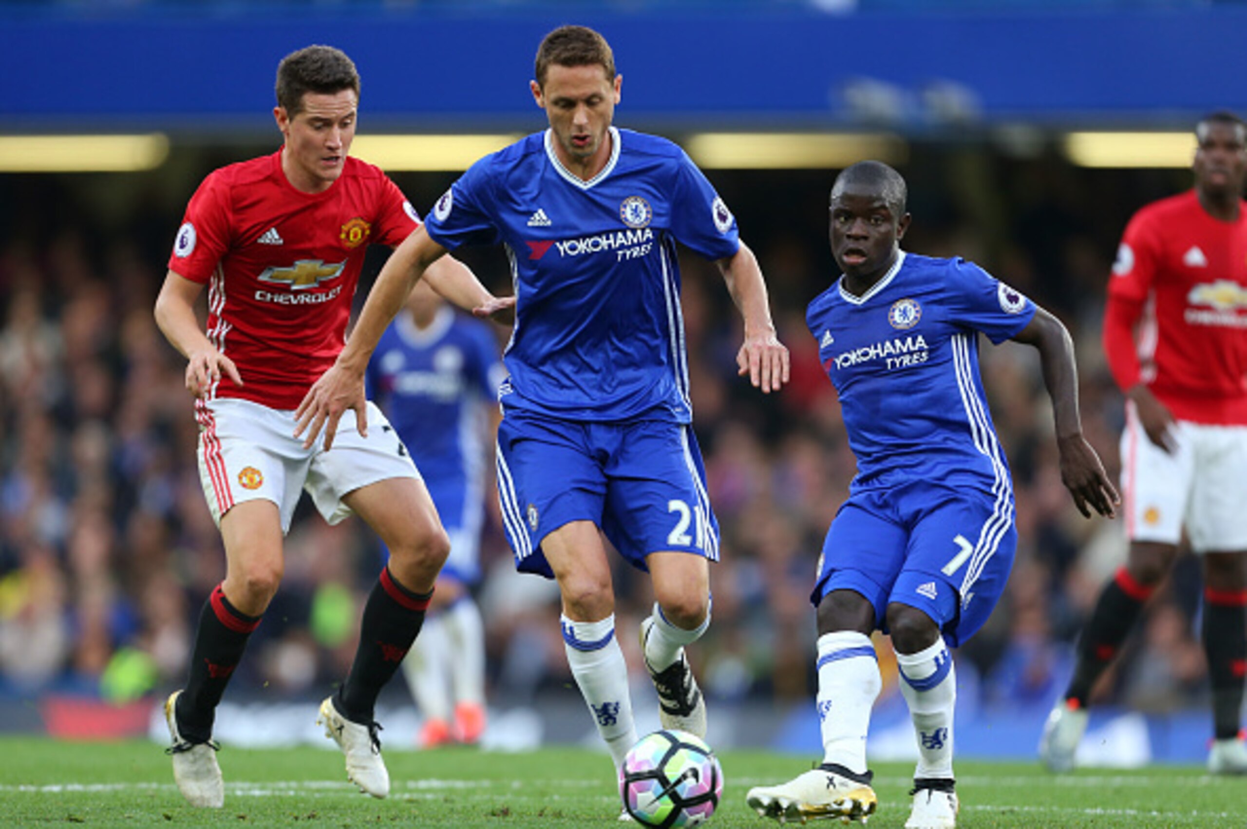 LONDON, ENGLAND - OCTOBER 23: Ander Herrera of Manchester United, Nemanja Matic and Ngolo Kante of Chelsea during the Premier League match between Chelsea and Manchester United at Stamford Bridge on October 23, 2016 in London, England. (Photo by Catherine