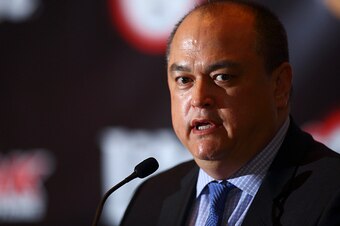 LONDON, ENGLAND - APRIL 18:  Scott Coker speaks during the Bellator 158 MMA Press Conference at the Four Seasons Hotel on April 18, 2016 in London, England.  (Photo by Jordan Mansfield/Getty Images)