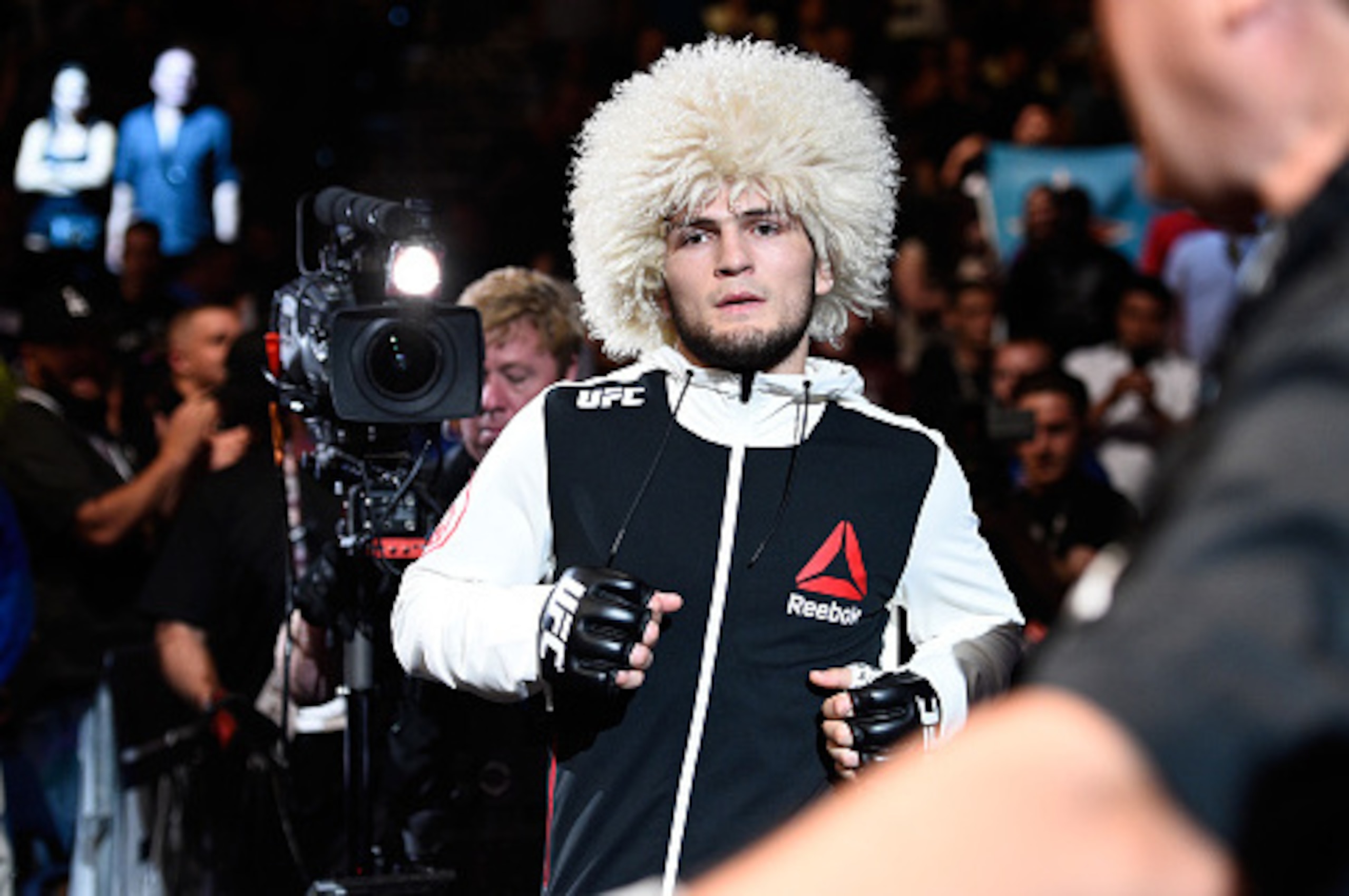 TAMPA, FL - APRIL 16:   Khabib Nurmagomedov prepares to enter the Octagon before facing Darrell Horcher in their lightweight bout during the UFC Fight Night event at Amalie Arena on April 16, 2016 in Tampa, Florida. (Photo by Jeff Bottari/Zuffa LLC/Zuffa 