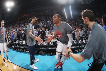 OKLAHOMA CITY, OK- NOVEMBER 7:  Russell Westbrook #0 of the Oklahoma City Thunder gets introduced before the game against the Miami Heat during the game on November 7, 2016 at Chesapeake Energy Arena in Oklahoma City, Oklahoma. NOTE TO USER: User expressl
