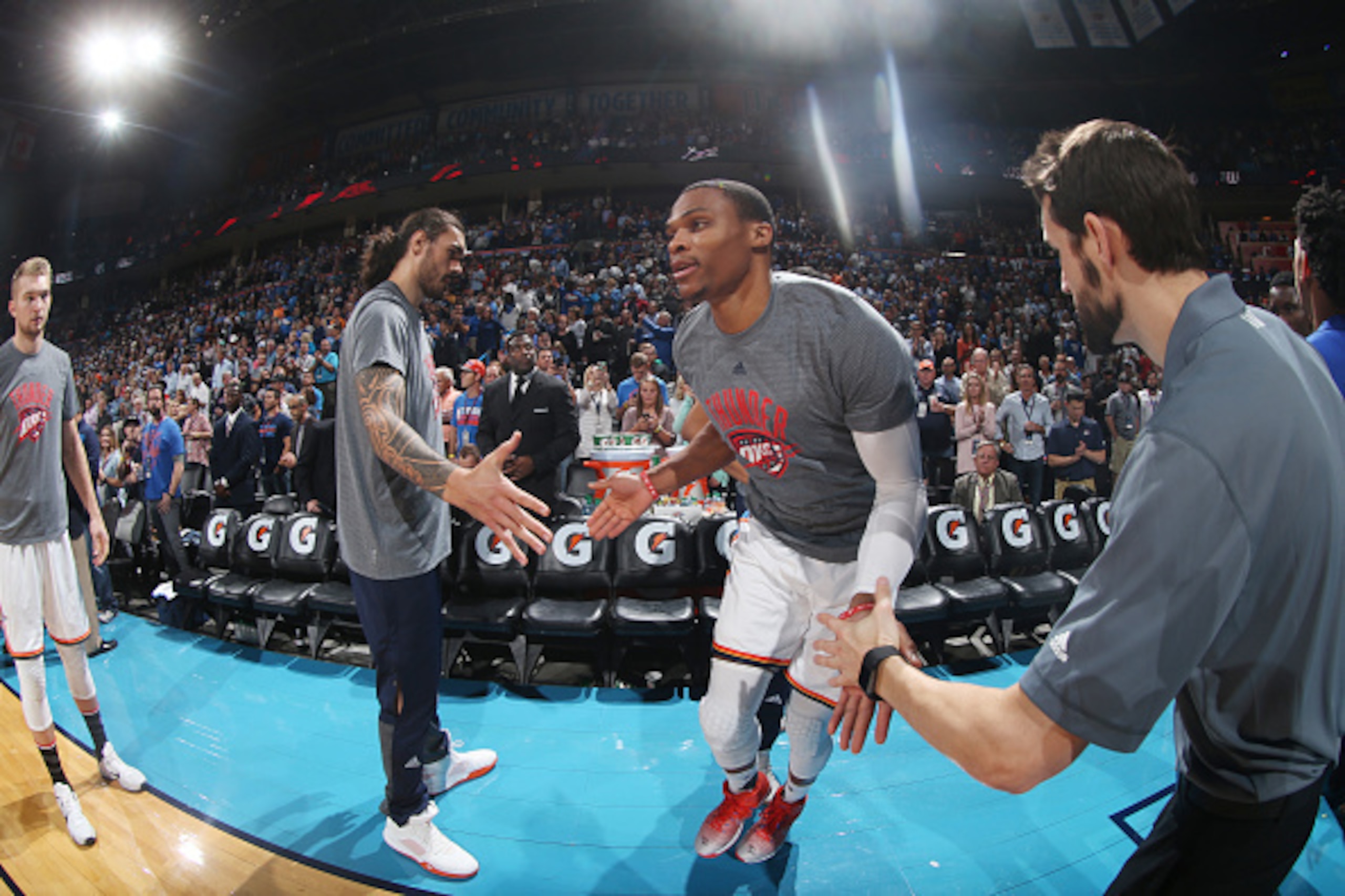 OKLAHOMA CITY, OK- NOVEMBER 7:  Russell Westbrook #0 of the Oklahoma City Thunder gets introduced before the game against the Miami Heat during the game on November 7, 2016 at Chesapeake Energy Arena in Oklahoma City, Oklahoma. NOTE TO USER: User expressl