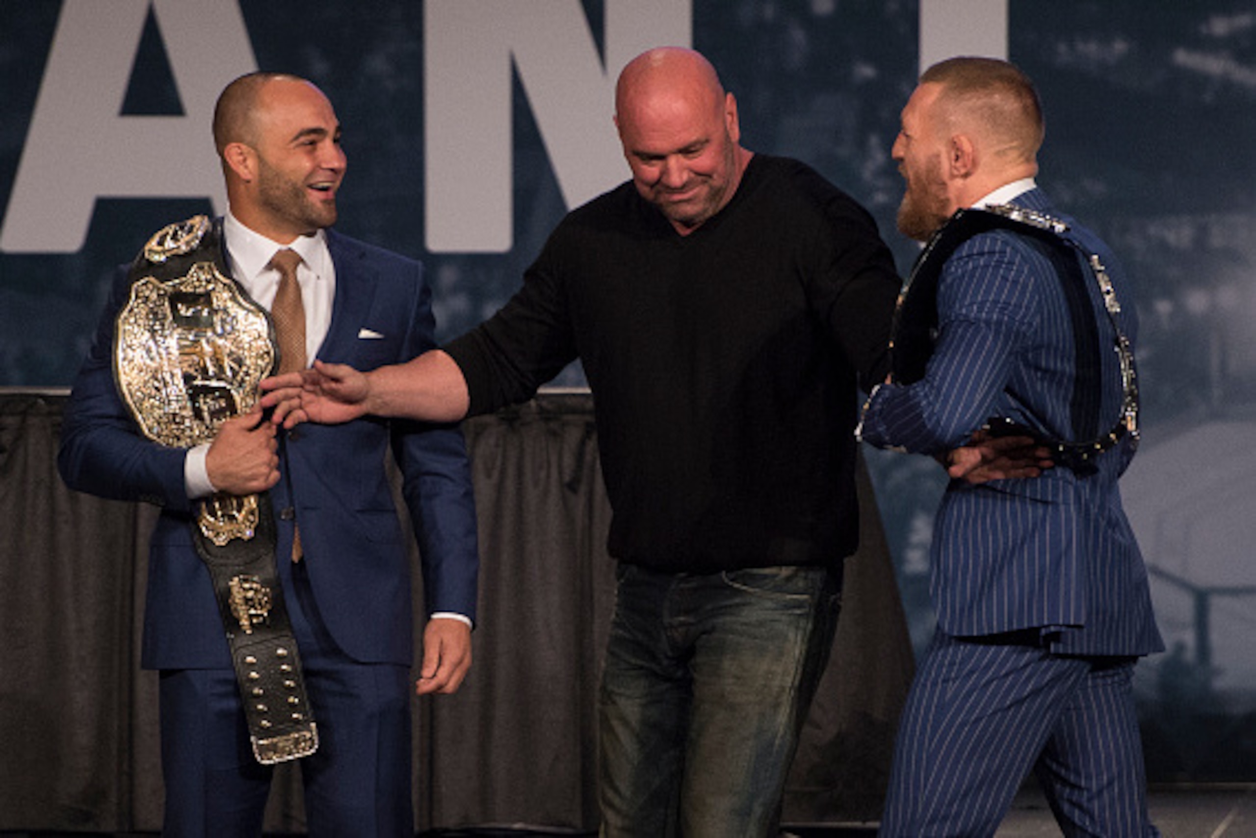 NEW YORK, NY - SEPTEMBER 27:  (L-R) UFC lightweight champion Eddie Alvarez and UFC featherweight champion Conor McGregor face off for the media and fans during the UFC 205 press event at Madison Square Garden on September 27, 2016 in New York City. (Photo