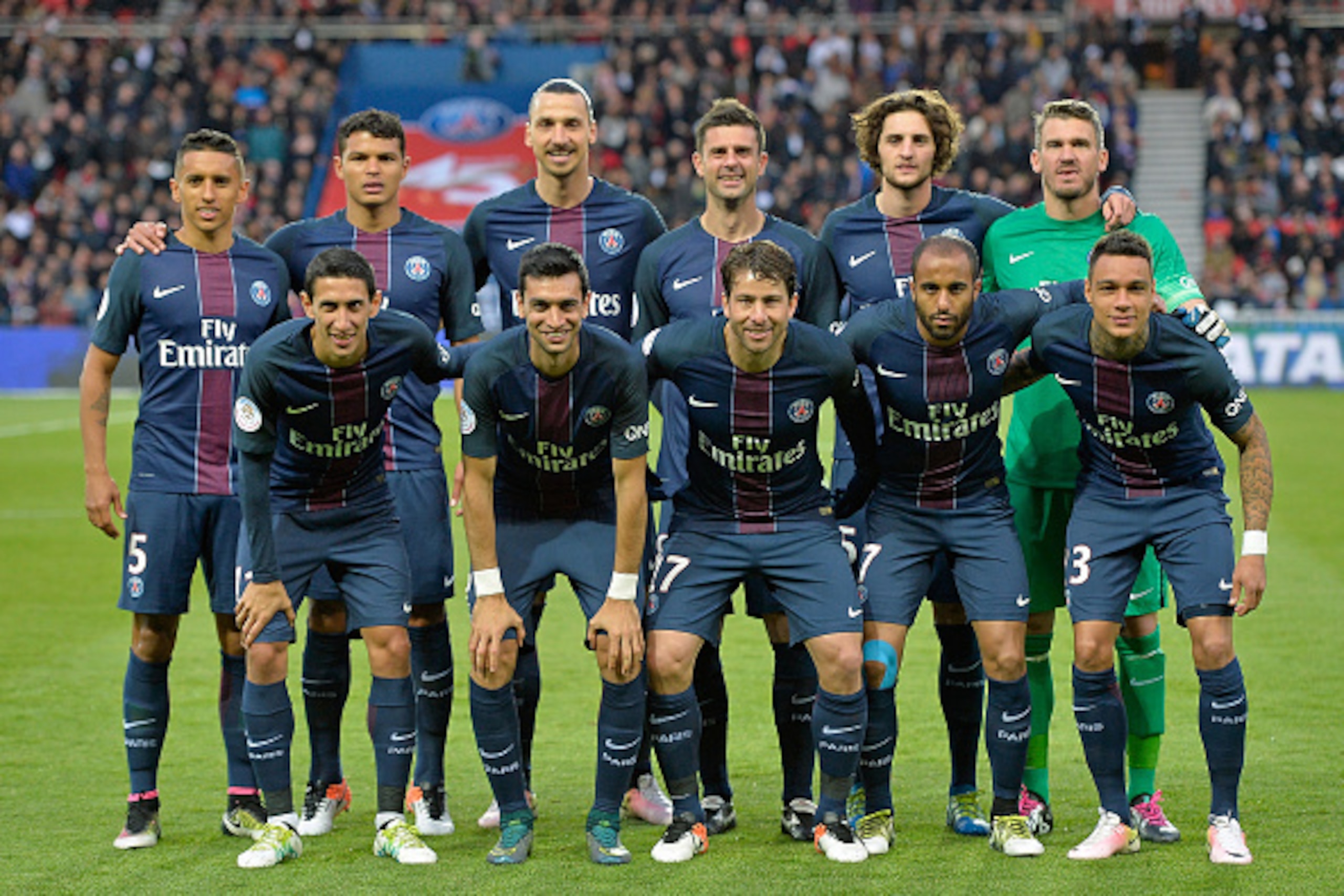 PARIS, FRANCE - MAY 14: (1st row L-R) Marquinhos, Thiago Silva, Zlatan Ibrahimovic, Thiago Motta, Adrien Rabiot Nicolas Douchez, (Front row L-R) Angel Di Maria, Javier Pastore, Maxwell, Lucas and Gregory Van Der Wiel of Paris Saint-Germain pose before the PARIS, FRANCE - MAY 14: (1st row L-R) Marquinhos, Thiago Silva, Zlatan Ibrahimovic, Thiago Motta, Adrien Rabiot Nicolas Douchez, (Front row L-R) Angel Di Maria, Javier Pastore, Maxwell, Lucas and Gregory Van Der Wiel of Paris Saint-Germain pose before the