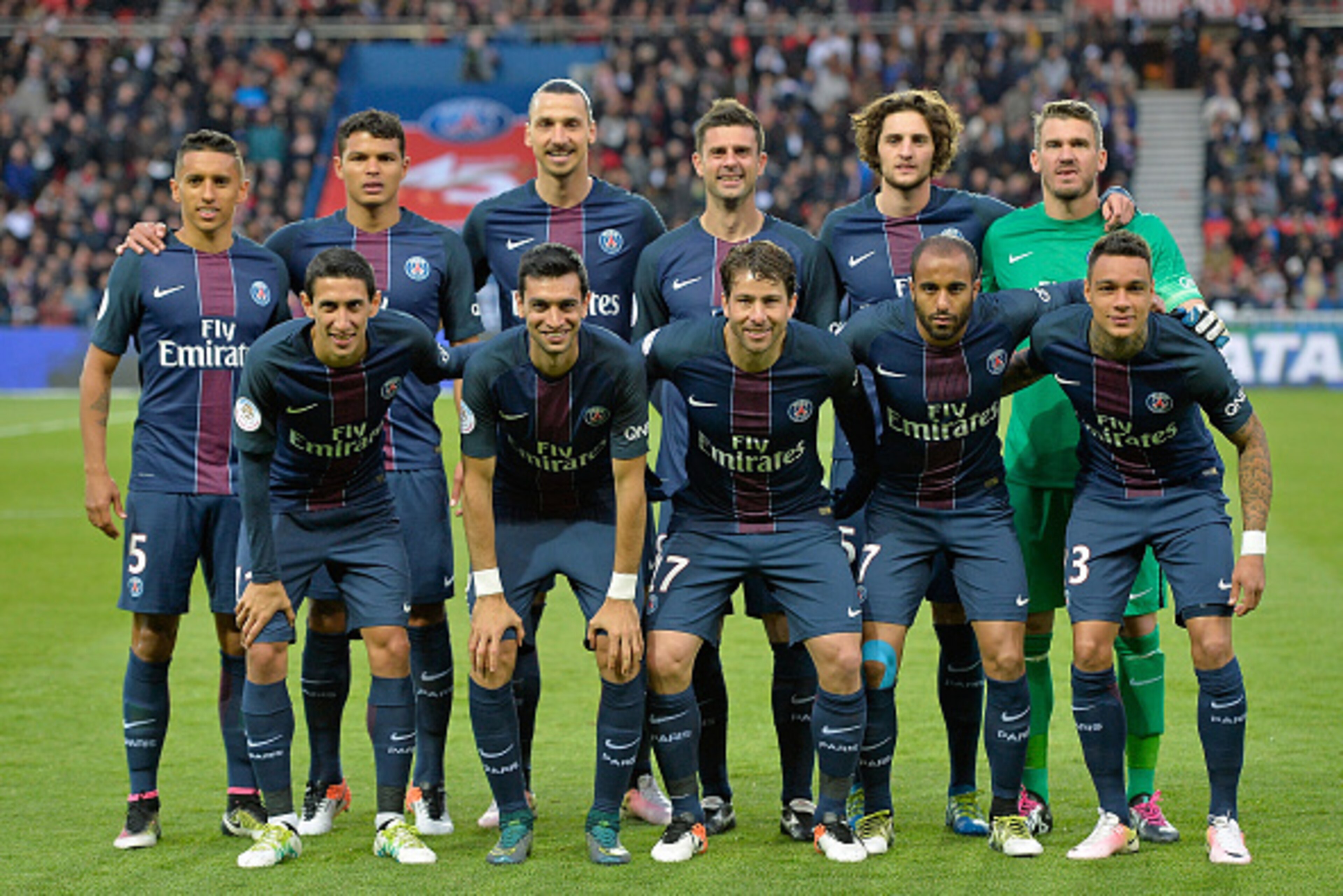 PARIS, FRANCE - MAY 14: (1st row L-R) Marquinhos, Thiago Silva, Zlatan Ibrahimovic, Thiago Motta, Adrien Rabiot Nicolas Douchez, (Front row L-R) Angel Di Maria, Javier Pastore, Maxwell, Lucas and Gregory Van Der Wiel of Paris Saint-Germain pose before the