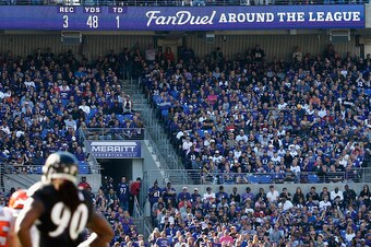 BALTIMORE, MD - OCTOBER 11: An ad for Fan Duel is shown during the second half of the Baltimore Ravens and Cleveland Browns game at M&T Bank Stadium on October 11, 2015 in Baltimore, Maryland.  (Photo by Rob Carr/Getty Images)
