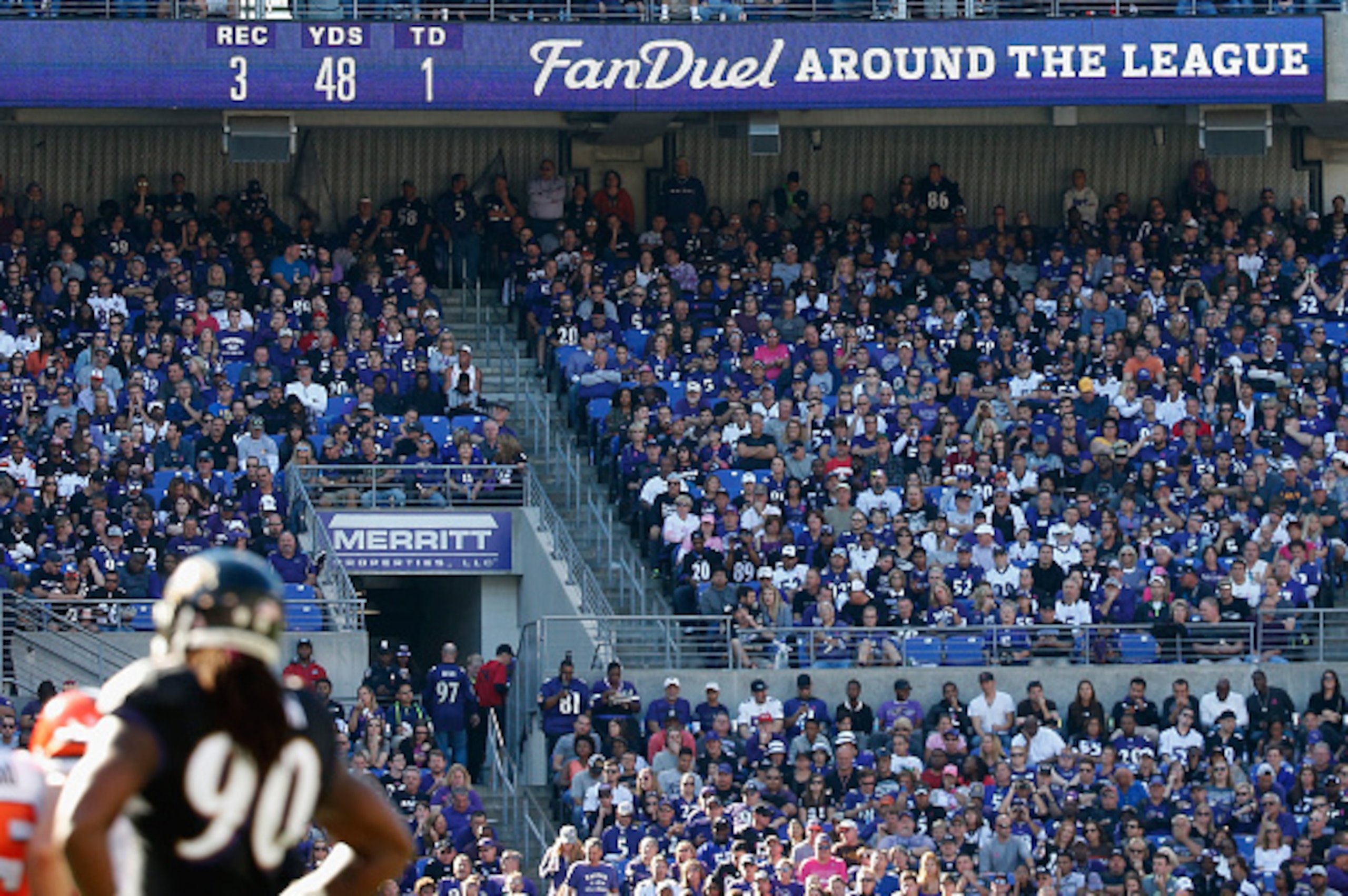 BALTIMORE, MD - OCTOBER 11: An ad for Fan Duel is shown during the second half of the Baltimore Ravens and Cleveland Browns game at M&T Bank Stadium on October 11, 2015 in Baltimore, Maryland.  (Photo by Rob Carr/Getty Images)