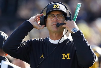 ANN ARBOR, MI - OCTOBER 22: Head coach Jim Harbaugh of the Michigan Wolverines looks on from the sideline while playing the Illinois Fighting Illini on October 22, 2016 at Michigan Stadium in Ann Arbor, Michigan. Michigan won the game 41-8. (Photo by Greg