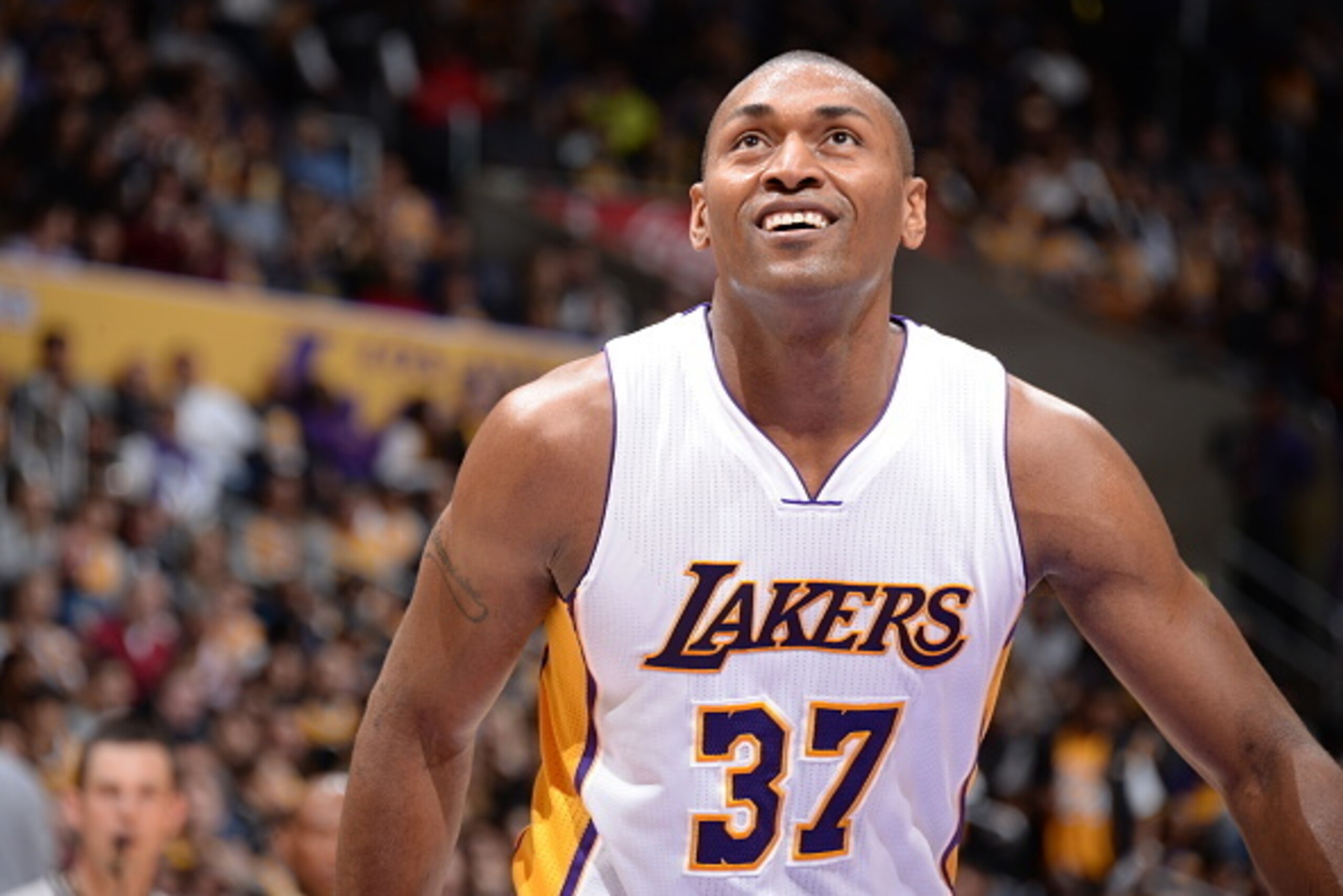 LOS ANGELES, CA - JANUARY 10: Metta World Peace #37 of the Los Angeles Lakerslooks on during the game against the Utah Jazz on January 10, 2016 at STAPLES Center in Los Angeles, California. NOTE TO USER: User expressly acknowledges and agrees that, by do LOS ANGELES, CA - JANUARY 10: Metta World Peace #37 of the Los Angeles Lakerslooks on during the game against the Utah Jazz on January 10, 2016 at STAPLES Center in Los Angeles, California. NOTE TO USER: User expressly acknowledges and agrees that, by do