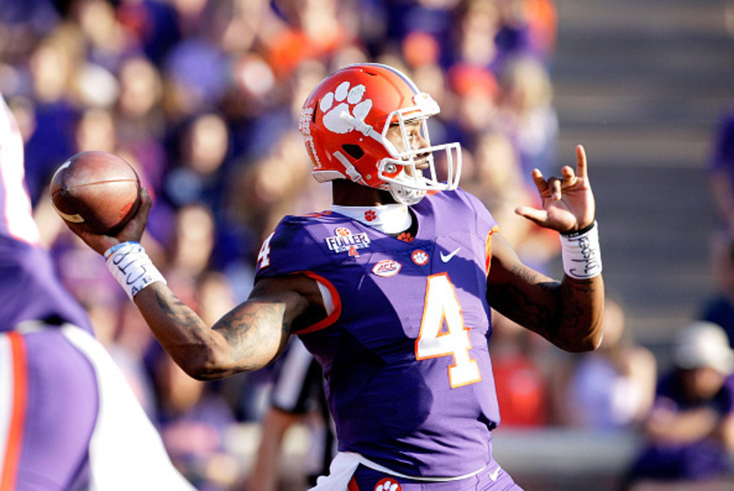 CLEMSON, SC - NOVEMBER 5: Deshaun Watson #4 of the Clemson Tigers looks to pass during the game against the Syracuse Orange at Memorial Stadium on November 5, 2016 in Clemson, South Carolina. (Photo by Tyler Smith/Getty Images)