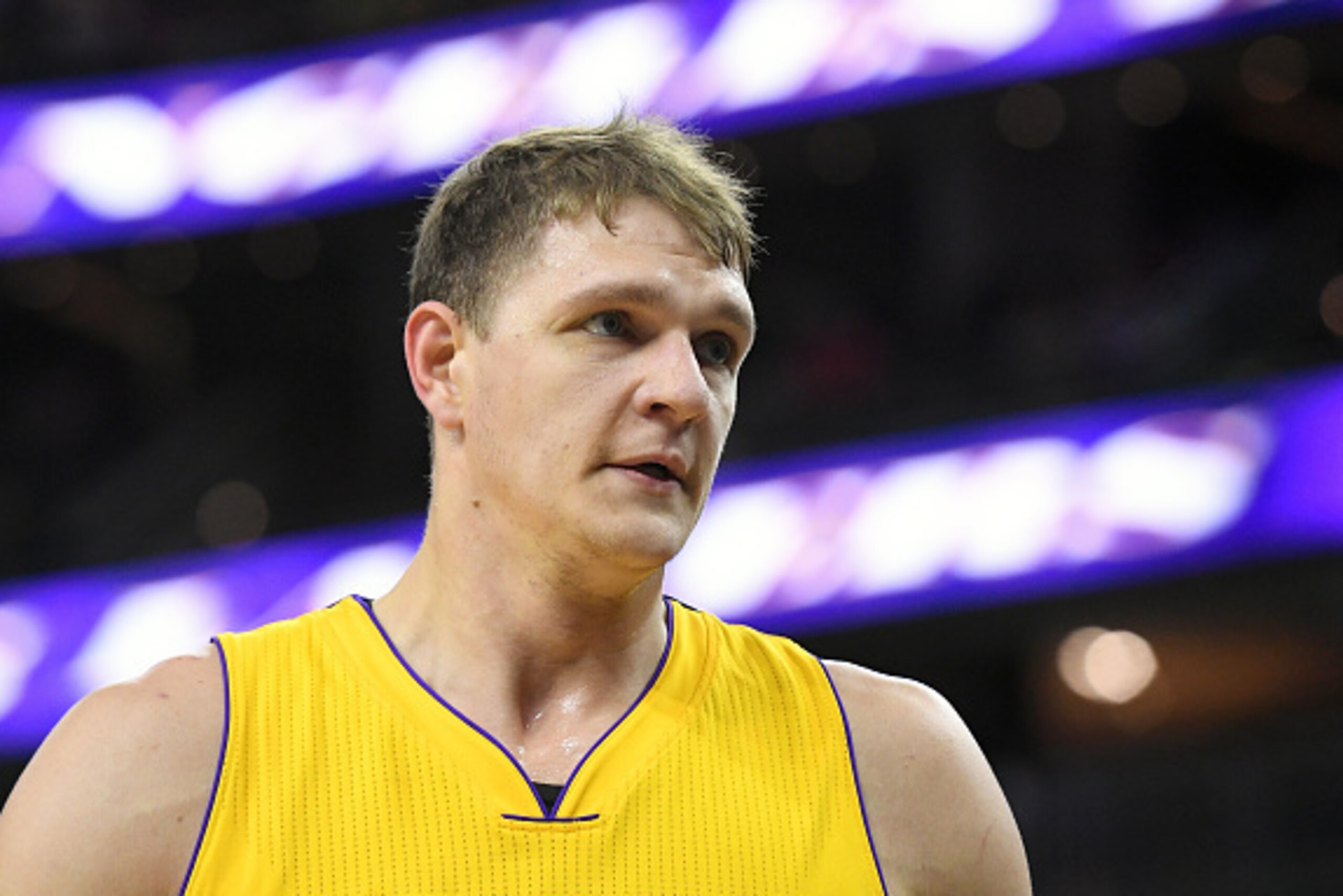 LAS VEGAS, NV - OCTOBER 13: Timofey Mozgov #20 of the Los Angeles Lakers stands on the court during a preseason game against the Sacramento Kings at T-Mobile Arena on October 13, 2016 in Las Vegas, Nevada. Sacramento won 116-104. NOTE TO USER: User expre LAS VEGAS, NV - OCTOBER 13: Timofey Mozgov #20 of the Los Angeles Lakers stands on the court during a preseason game against the Sacramento Kings at T-Mobile Arena on October 13, 2016 in Las Vegas, Nevada. Sacramento won 116-104. NOTE TO USER: User expre