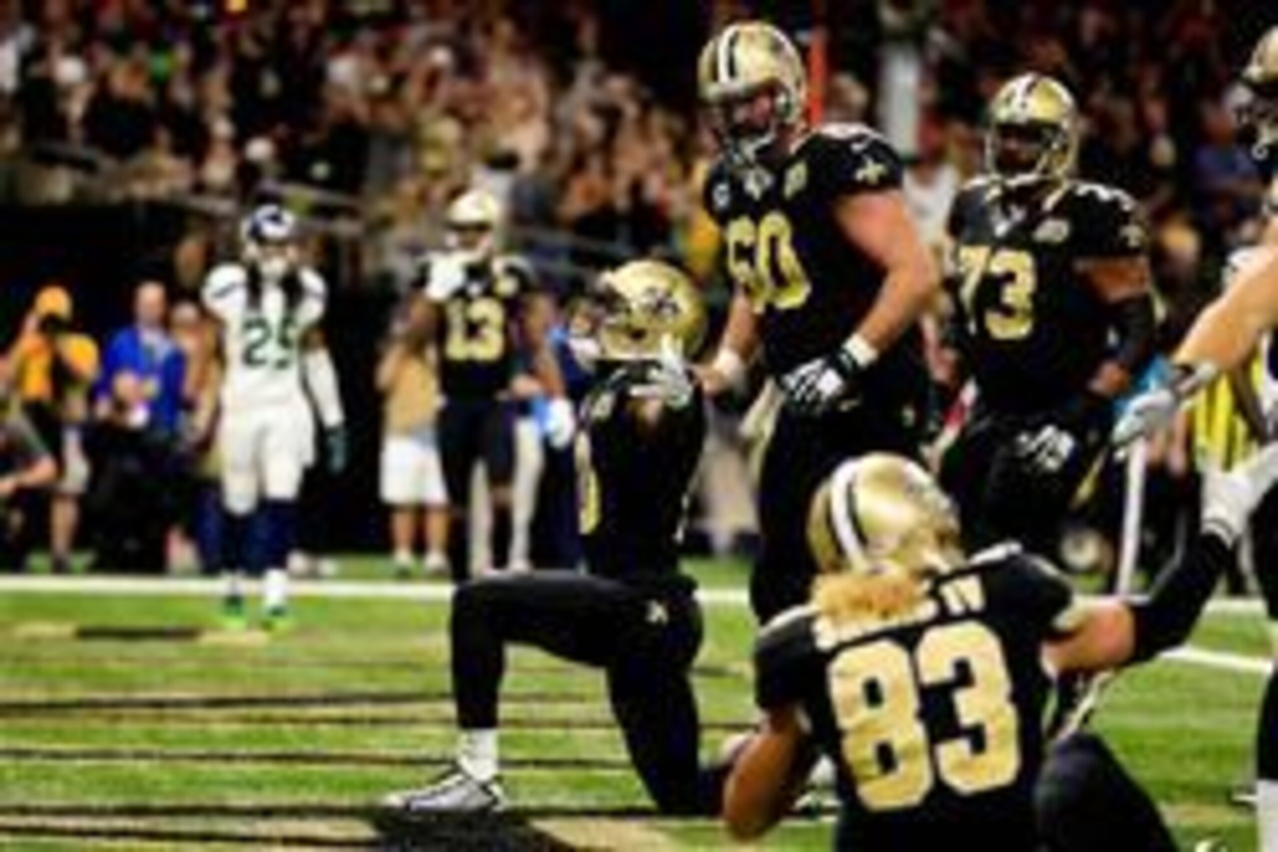 Oct 30, 2016; New Orleans, LA, USA; New Orleans Saints wide receiver Brandin Cooks (10) celebrates after a touchdown catch against the Seattle Seahawks during the fourth quarter of a game at the Mercedes-Benz Superdome. The Saints defeated the Seahawks 25