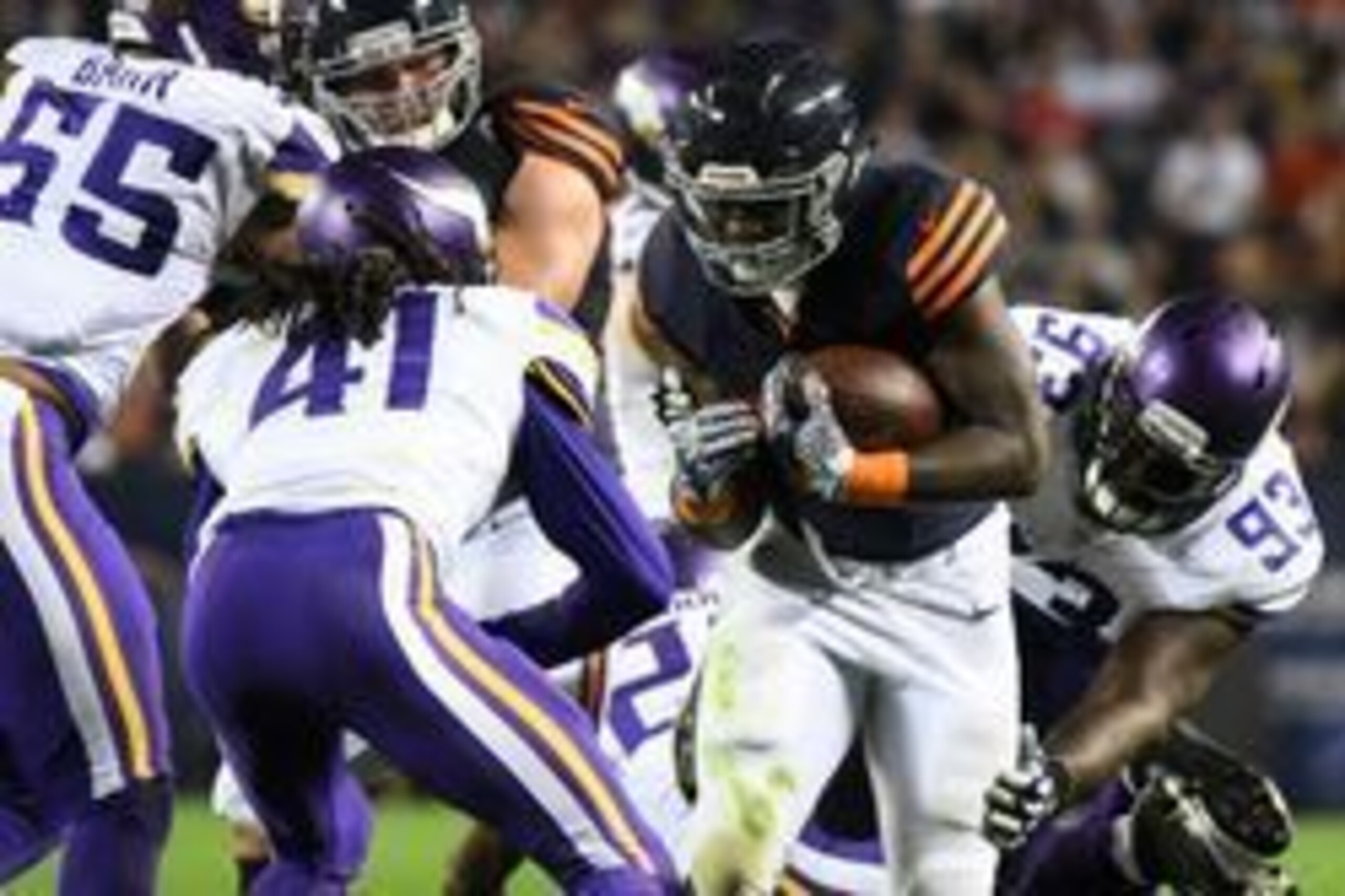 Oct 31, 2016; Chicago, IL, USA;  Chicago Bears running back Jordan Howard (24) rushes the ball against the Minnesota Vikings during the second half at Soldier Field. Mandatory Credit: Mike DiNovo-USA TODAY Sports