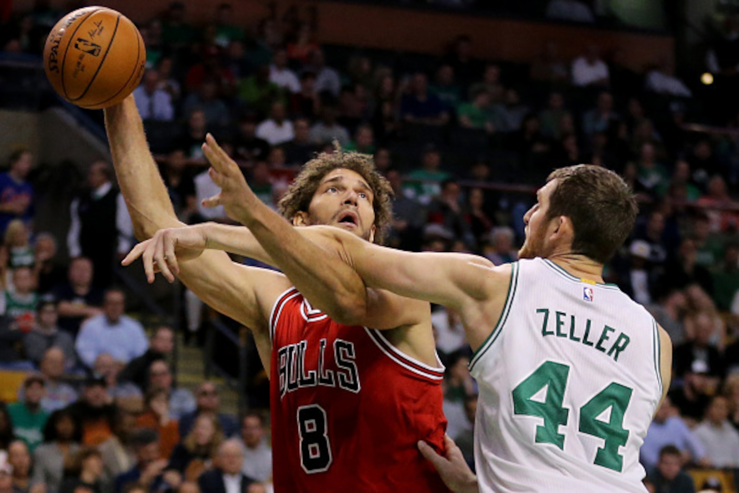 BOSTON, MA - NOVEMBER 2: Tyler Zeller #44 of the Boston Celtics defends Robin Lopez #8 of the Chicago Bulls during the first quarter at TD Garden on November 2, 2016 in Boston, Massachusetts. (Photo by Maddie Meyer/Getty Images)