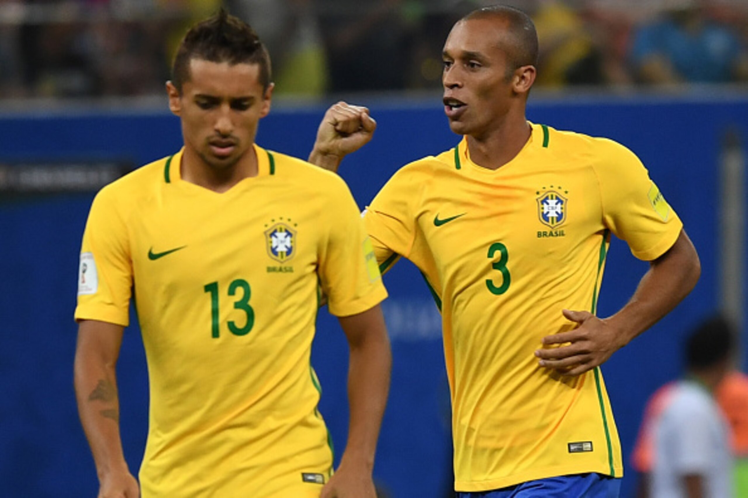 Brazil's Miranda (R) celebrates with Marquinhos after scoring against Colombia during their Russia 2018 FIFA World Cup football qualifier match Brazil vs Colombia, in Manaus, Brazil, on September 6, 2016. / AFP / VANDERLEI ALMEIDA (Photo credit sho Brazil's Miranda (R) celebrates with Marquinhos after scoring against Colombia during their Russia 2018 FIFA World Cup football qualifier match Brazil vs Colombia, in Manaus, Brazil, on September 6, 2016. / AFP / VANDERLEI ALMEIDA (Photo credit sho