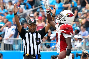 CHARLOTTE, NC - OCTOBER 30: J.J. Nelson #14 of the Arizona Cardinals reacts after scoring a 4th quarter touchdown against the Carolina Panthers during the game at Bank of America Stadium on October 30, 2016 in Charlotte, North Carolina.  (Photo by Grant H