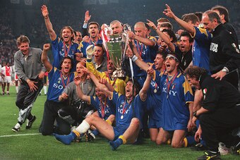 22 MAY 1996 ROMA: Antonio Conte of FC Juventus (L) celebrates at the end of the  Champions League Final match between Juventus and Ajax
