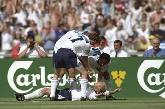 15 Jun 1996:   Paul Gascoigne of England celebrates scoring England's second goal in the England v Scotland match in Group A of the European Football Championships at Wembley. England beat Scotland 2-0.
