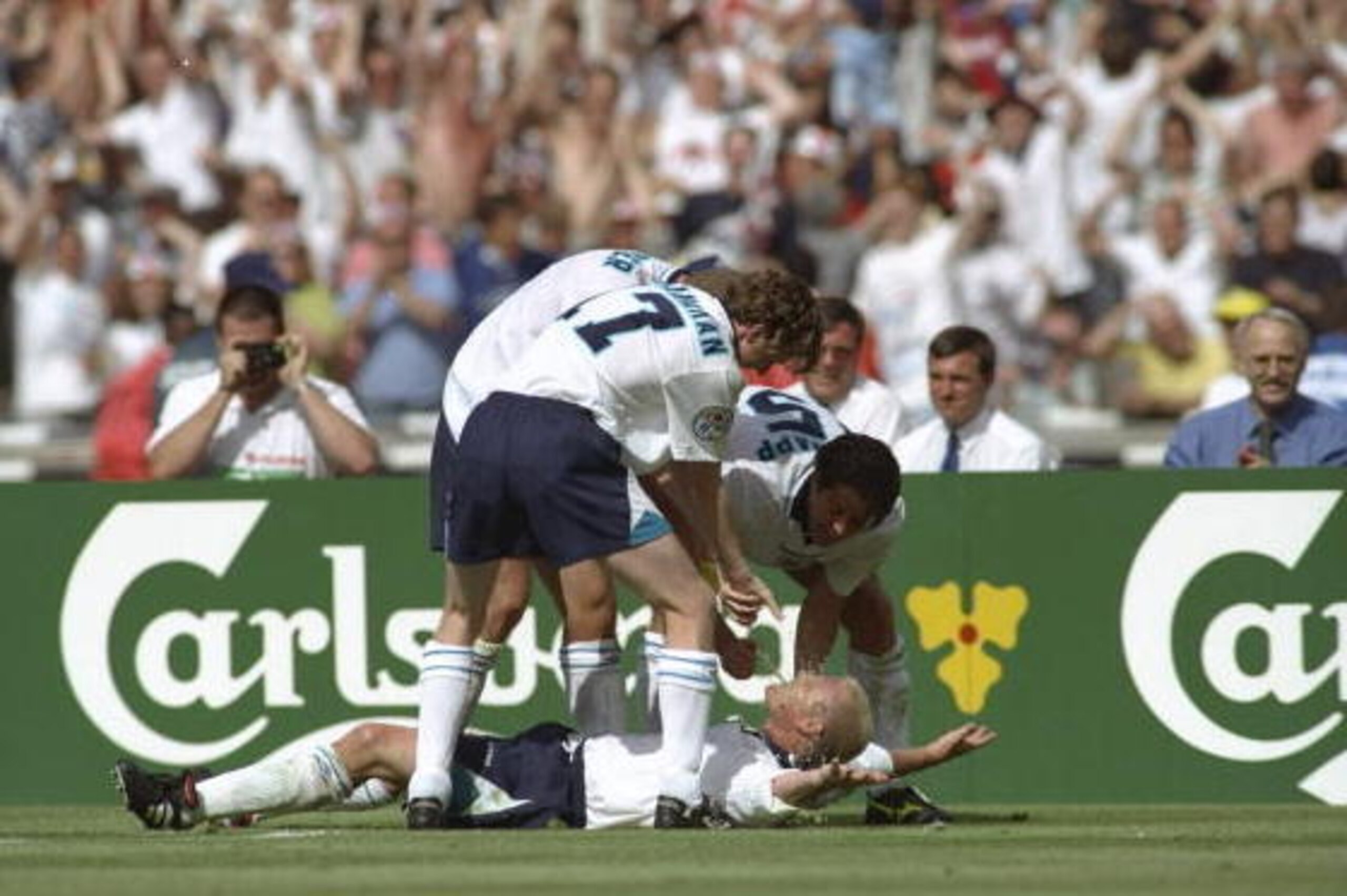 15 Jun 1996:   Paul Gascoigne of England celebrates scoring England's second goal in the England v Scotland match in Group A of the European Football Championships at Wembley. England beat Scotland 2-0.