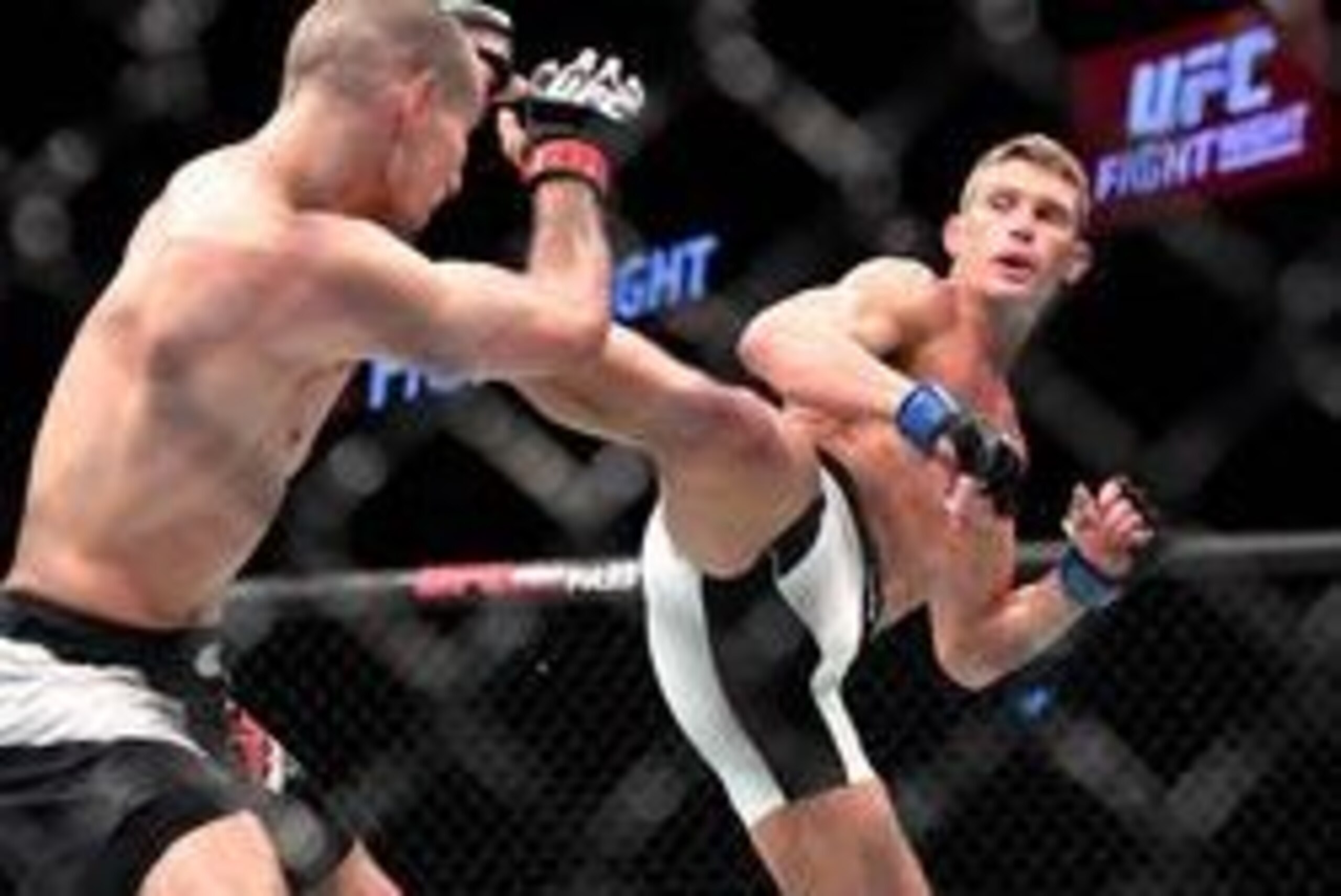 Jun 18, 2016; Ottawa, Ontario, Canada; Stephen Thompson (blue gloves) fights Rory MacDonald (red gloves) in the third round of a welterweight bout during UFC Fight Night at TD Place Arena. Mandatory Credit: Marc DesRosiers-USA TODAY Sports