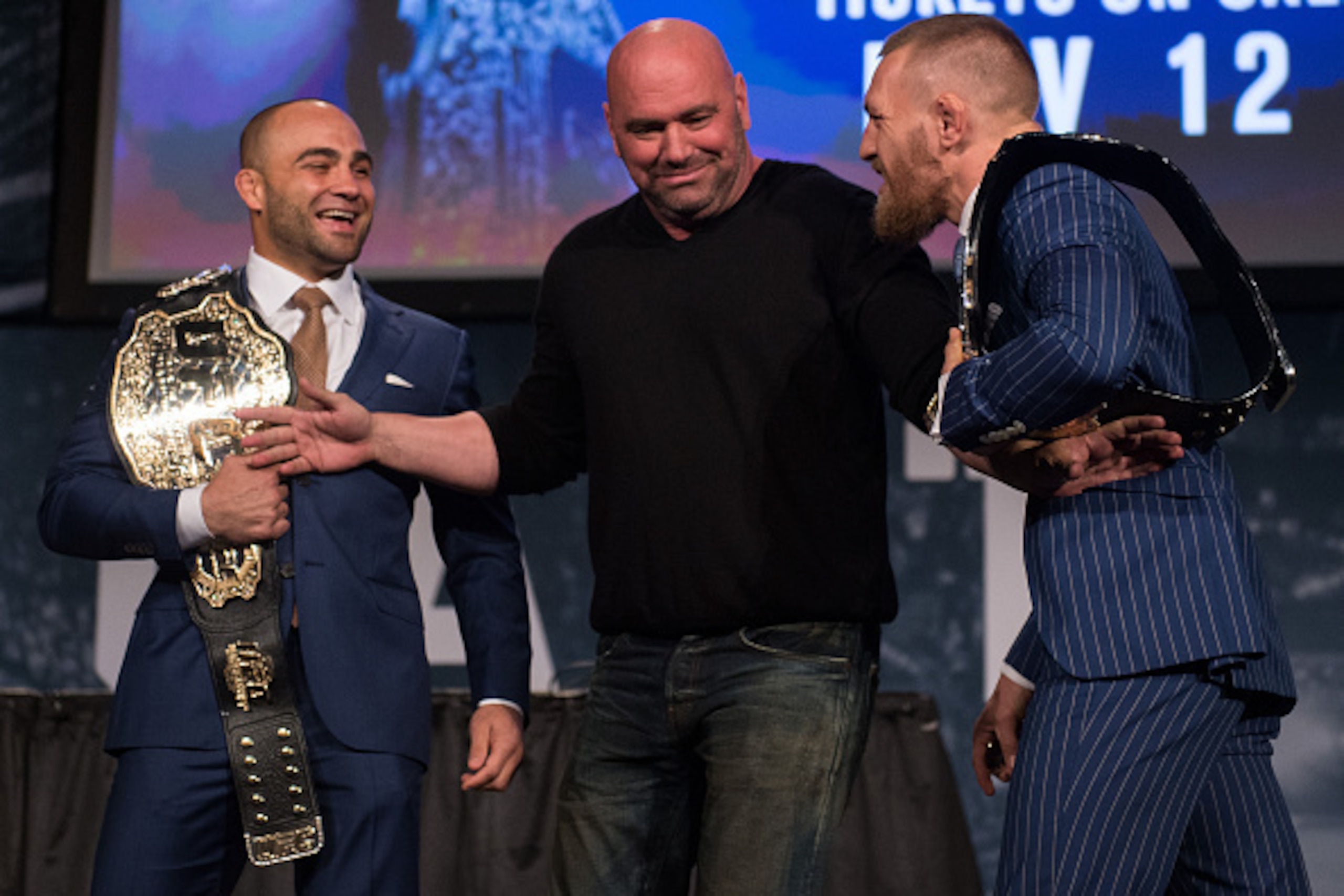 NEW YORK, NY - SEPTEMBER 27:  (R-L) UFC featherweight champion Conor McGregor and UFC lightweight champion Eddie Alvarez face-off during the UFC 205 press event at Madison Square Garden on September 27, 2016 in New York City. (Photo by Brandon Magnus/Zuff