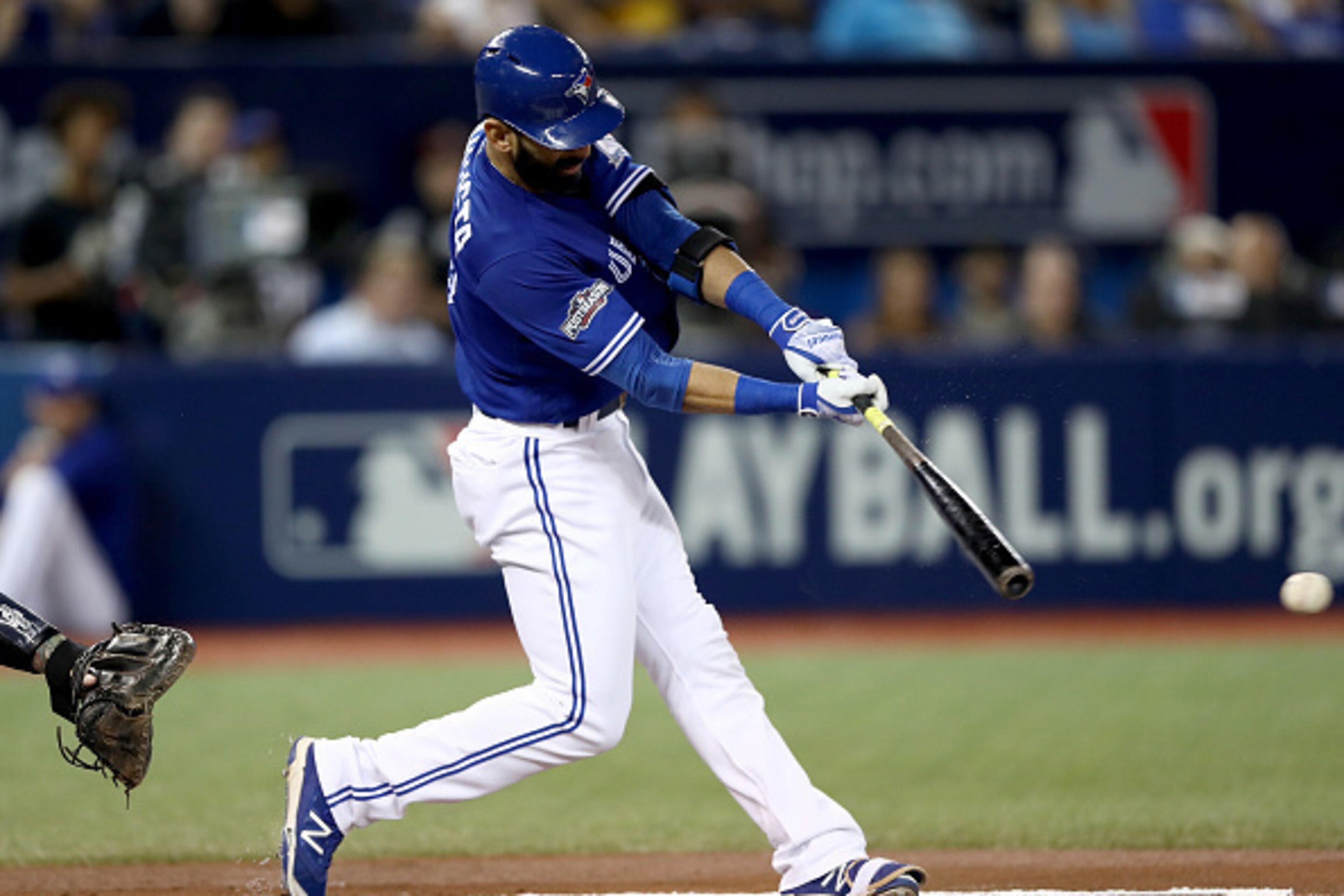 TORONTO, ON - OCTOBER 18:  Jose Bautista #19 of the Toronto Blue Jays grounds out in the first inning against the Cleveland Indians during game four of the American League Championship Series at Rogers Centre on October 18, 2016 in Toronto, Canada.  (Phot