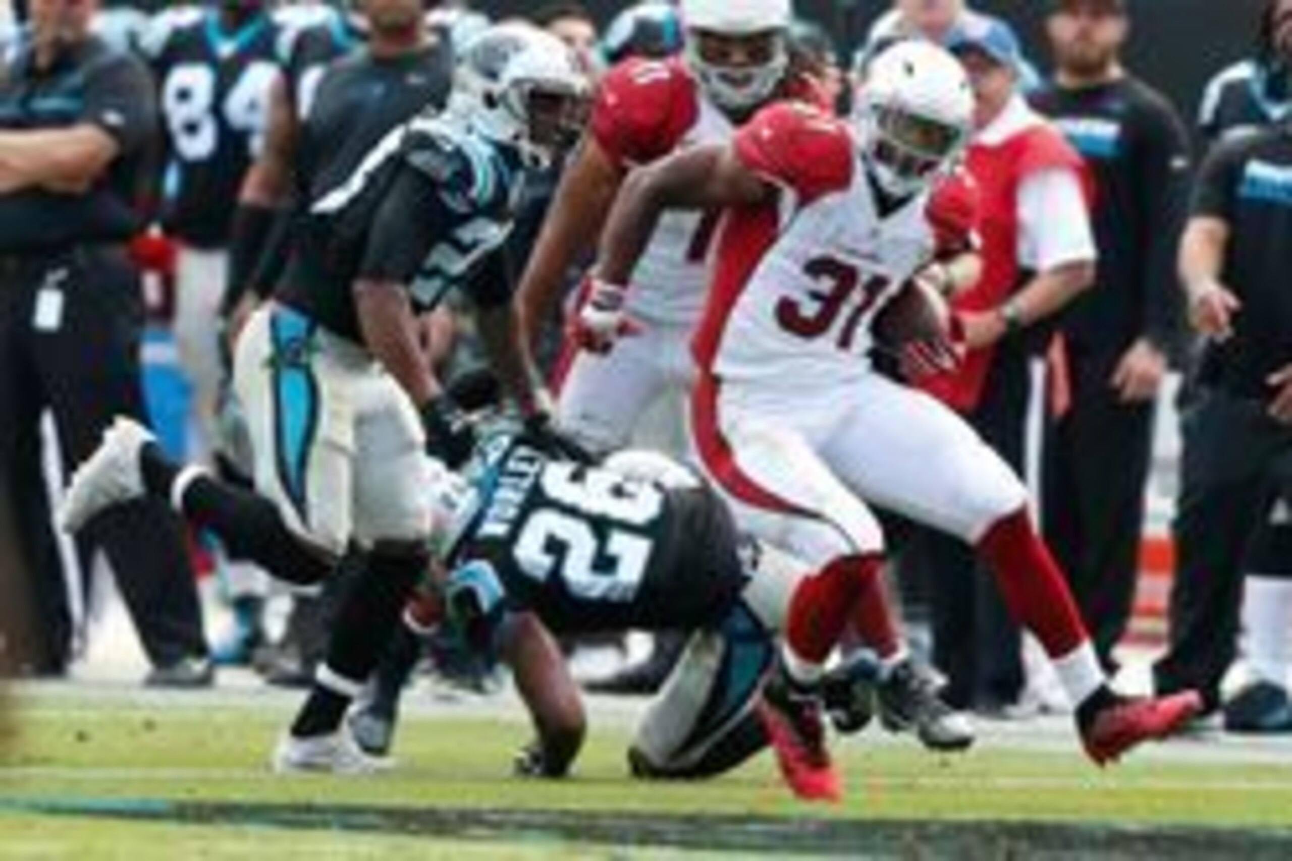 Oct 30, 2016; Charlotte, NC, USA;  Arizona Cardinals running back David Johnson (31) runs the ball during the fourth quarter against the Carolina Panthers at Bank of America Stadium. The Panthers defeated the Cardinals 30-20. Mandatory Credit: Jeremy Brev