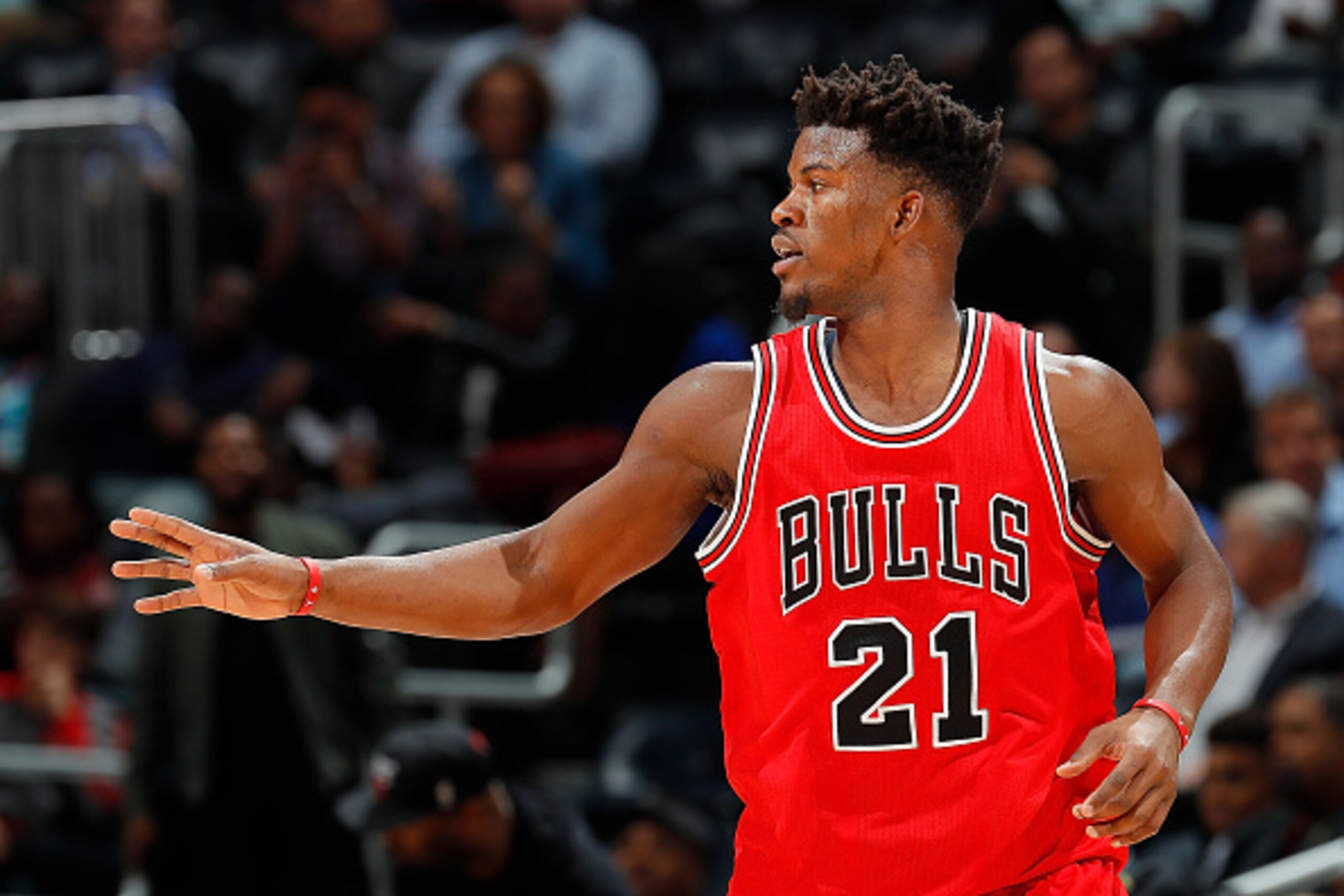 ATLANTA, GA - NOVEMBER 09: Jimmy Butler #21 of the Chicago Bulls reacts after a basket against the Atlanta Hawks at Philips Arena on November 9, 2016 in Atlanta, Georgia. NOTE TO USER User expressly acknowledges and agrees that, by downloading and or us ATLANTA, GA - NOVEMBER 09: Jimmy Butler #21 of the Chicago Bulls reacts after a basket against the Atlanta Hawks at Philips Arena on November 9, 2016 in Atlanta, Georgia. NOTE TO USER User expressly acknowledges and agrees that, by downloading and or us