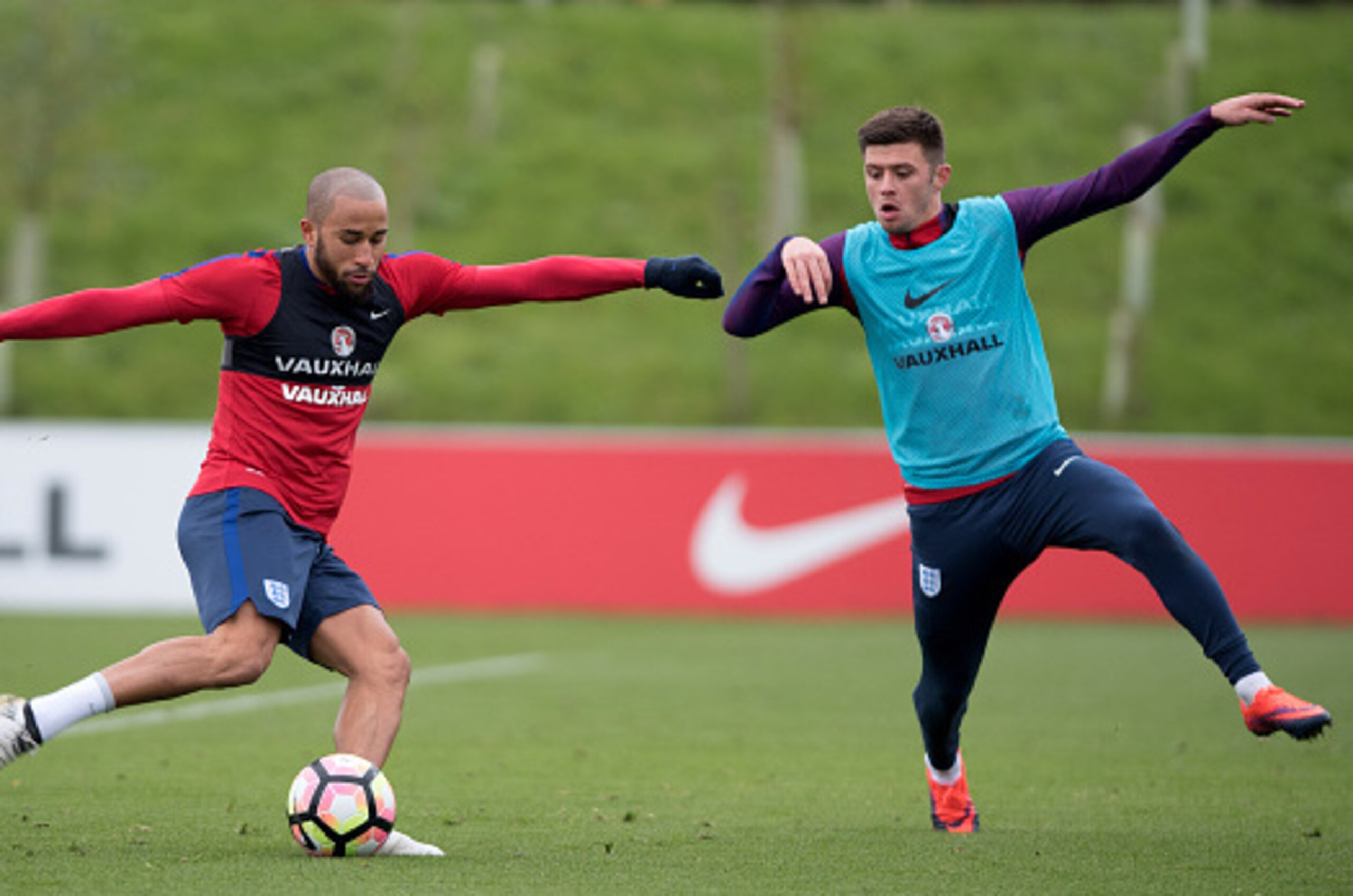 BURTON-UPON-TRENT, ENGLAND - NOVEMBER 08: Andros Townsend and Aaron Cresswell during an England training session at St Georges Park on November 8, 2016 in Burton-upon-Trent, England. England are due to face Scotland in a World Cup qualifier on November 11