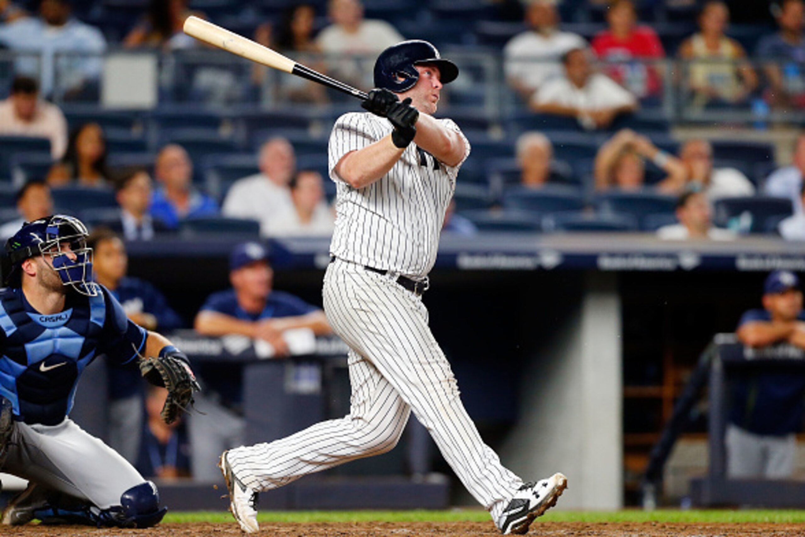 NEW YORK, NY - SEPTEMBER 08:  Brian McCann #34 of the New York Yankees in action against the Tampa Bay Rays at Yankee Stadium on September 8, 2016 in the Bronx borough of New York City. The Yankees defeated the Rays 5-4.  (Photo by Jim McIsaac/Getty Image