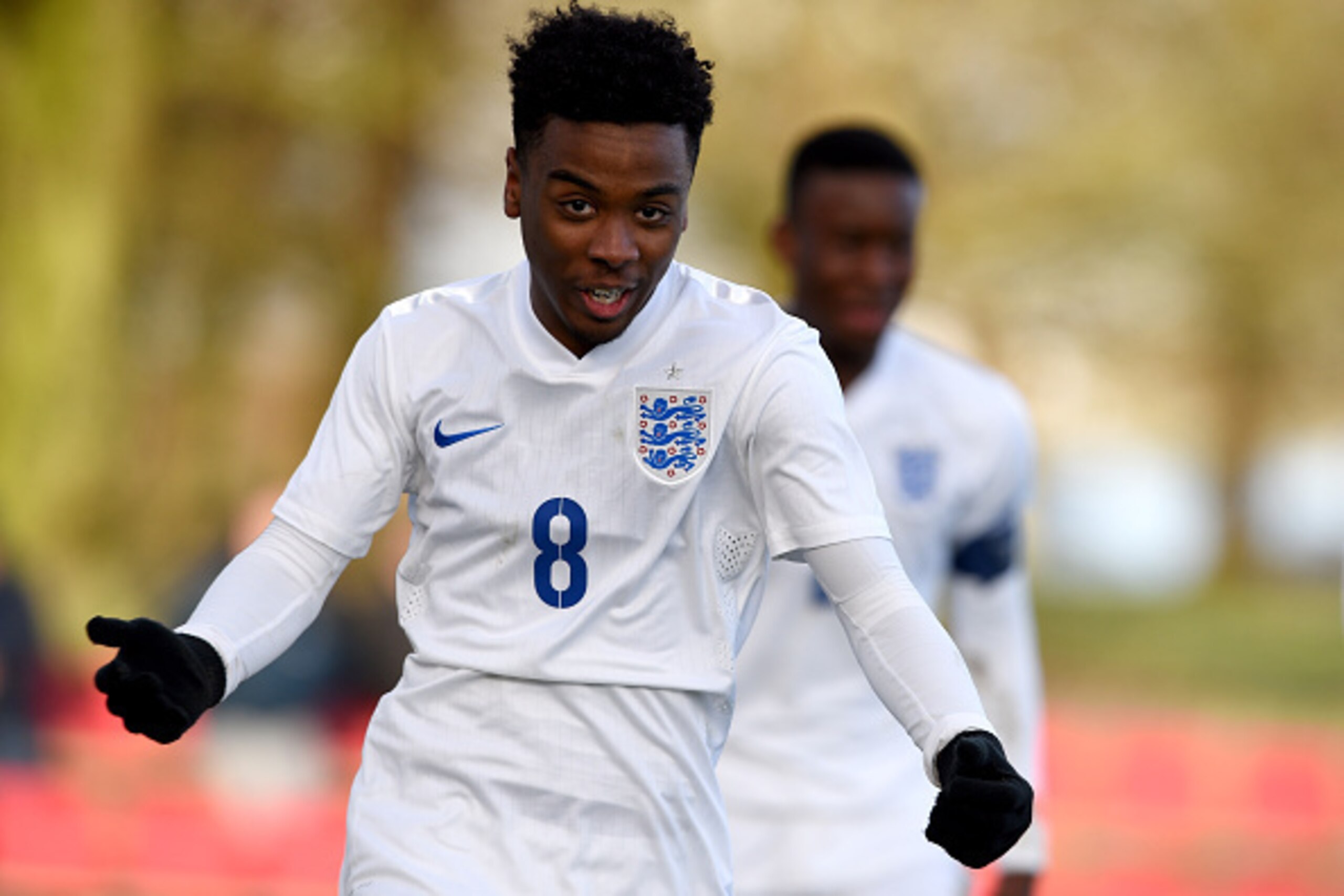 BURTON-UPON-TRENT, ENGLAND - FEBRUARY 18:  Angel Gomes of England celebrates after scoring during the England v Czech Republic  U16s International Friendly at St Georges Park on February 18, 2016 in Burton-upon-Trent, England.  (Photo by Ross Kinnaird/Get