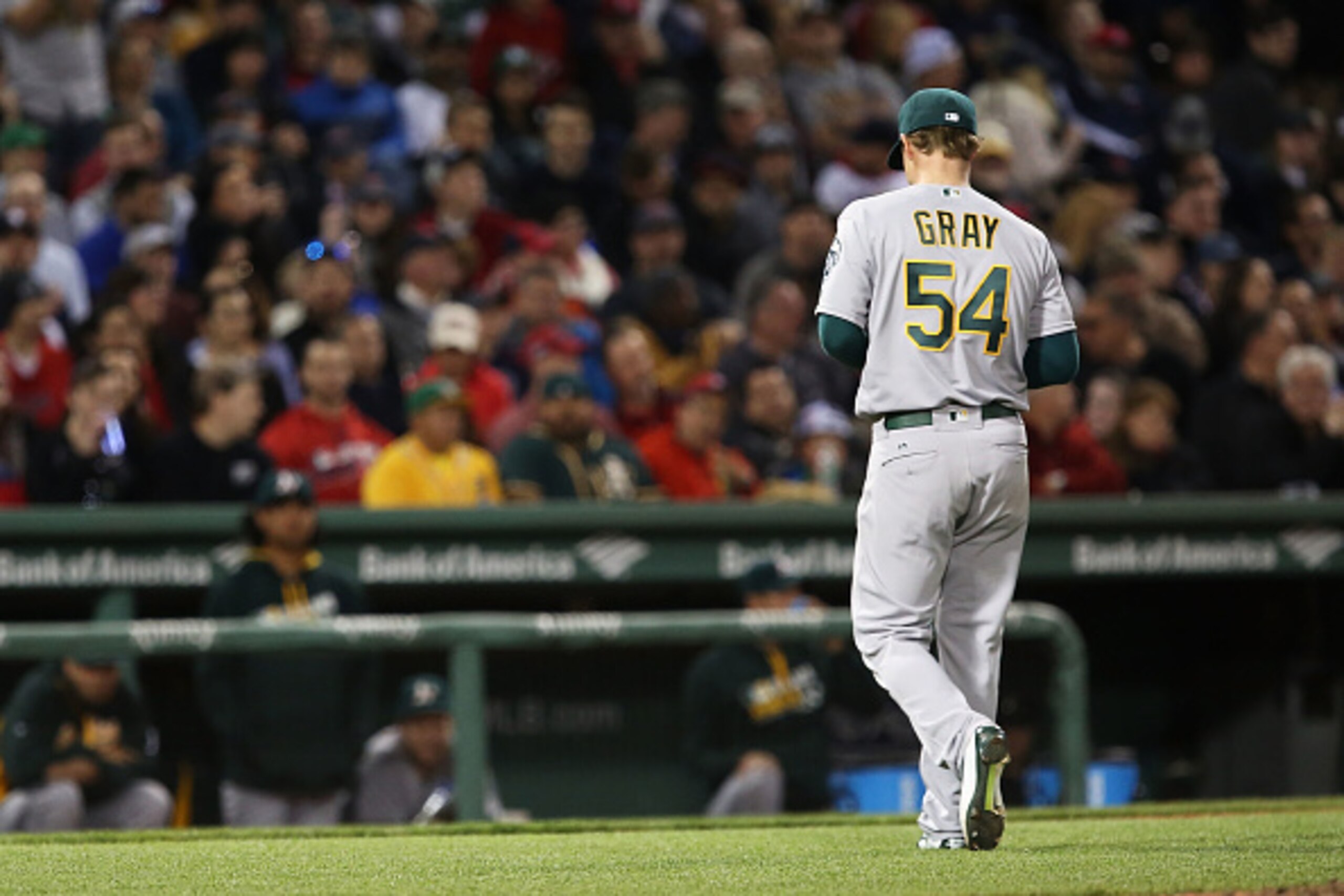 BOSTON, MA - MAY 09:  Sonny Gray #54 of the Oakland Athletics returns to the dugout after being pulled in the fourth inning during the game against the Boston Red Sox at Fenway Park on May 9, 2016 in Boston, Massachusetts.  (Photo by Adam Glanzman/Getty I