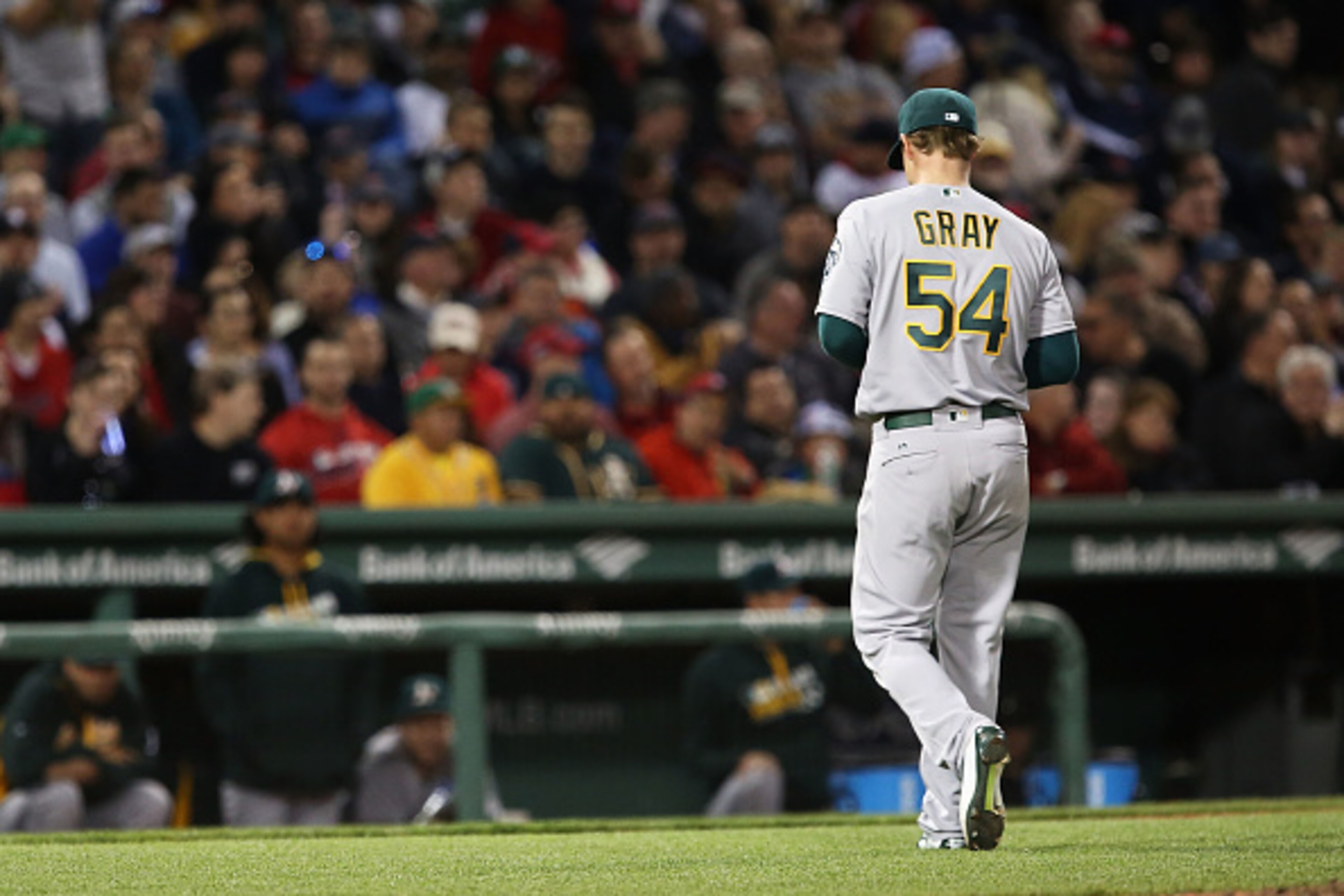 BOSTON, MA - MAY 09: Sonny Gray #54 of the Oakland Athletics returns to the dugout after being pulled in the fourth inning during the game against the Boston Red Sox at Fenway Park on May 9, 2016 in Boston, Massachusetts. (Photo by Adam Glanzman/Getty I BOSTON, MA - MAY 09: Sonny Gray #54 of the Oakland Athletics returns to the dugout after being pulled in the fourth inning during the game against the Boston Red Sox at Fenway Park on May 9, 2016 in Boston, Massachusetts. (Photo by Adam Glanzman/Getty I