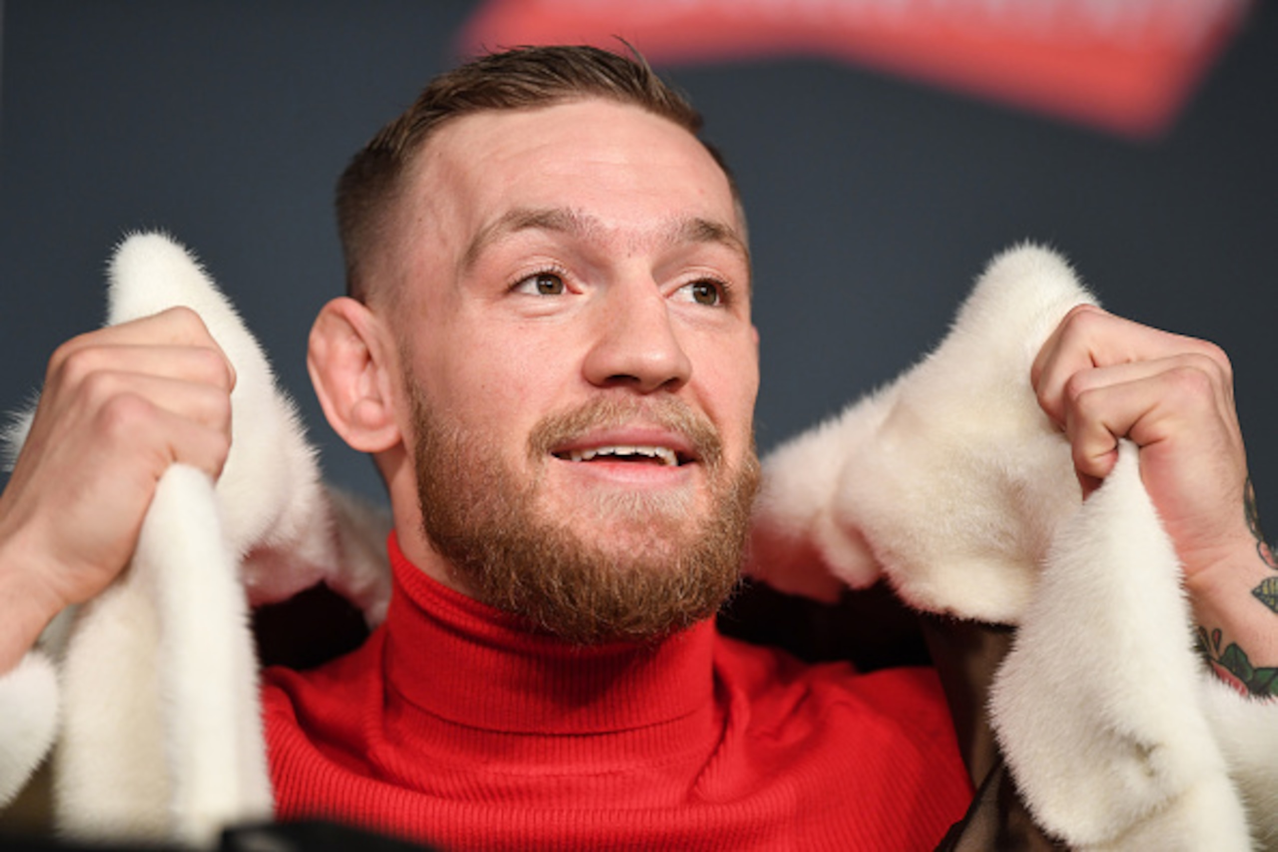 NEW YORK, NY - NOVEMBER 10:  UFC featherweight champion Conor McGregor of Ireland interacts with fans and media during the UFC 205 press conference inside The Theater at Madison Square Garden on November 10, 2016 in New York City. (Photo by Jeff Bottari/Z