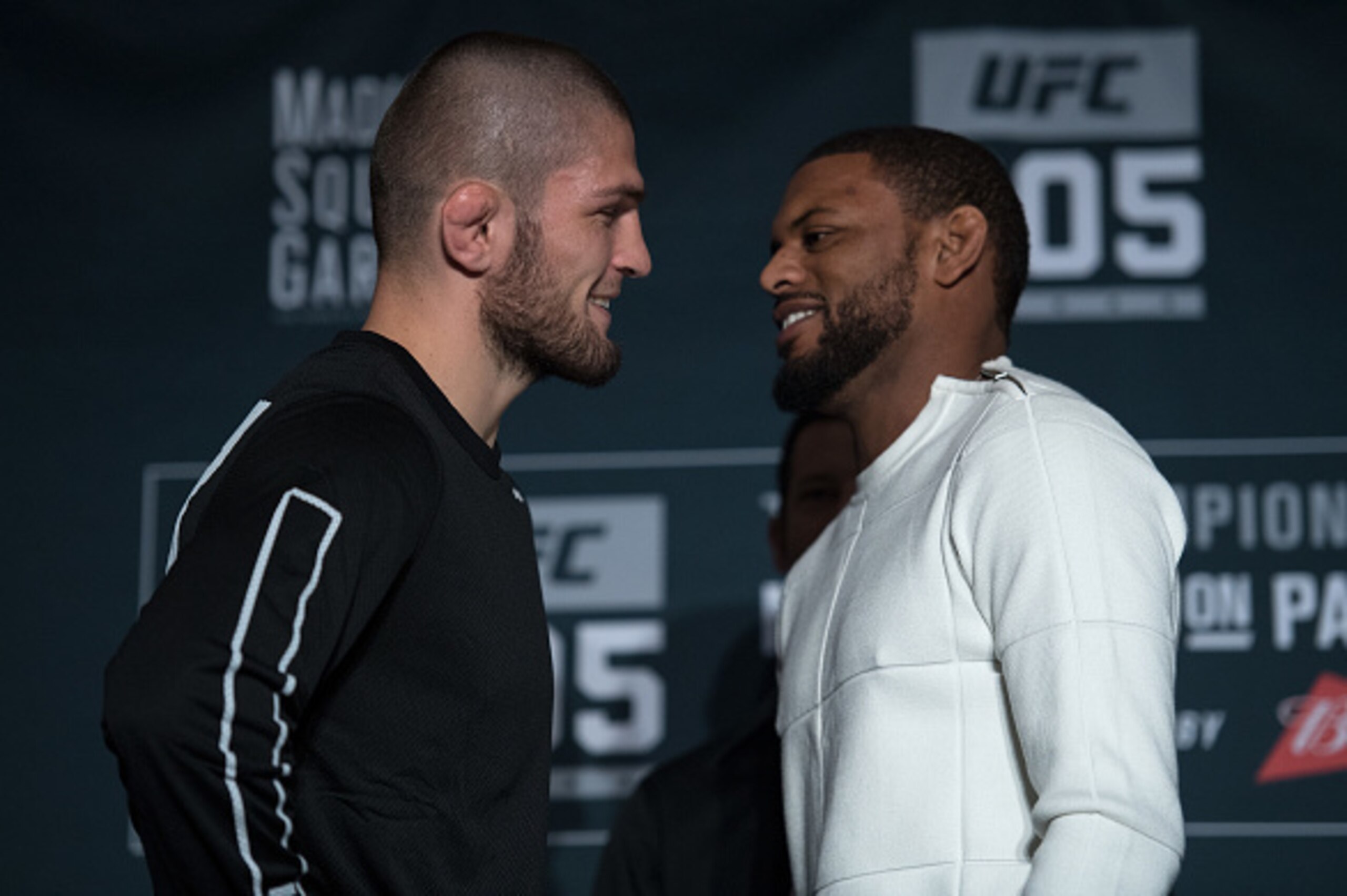 NEW YORK, NY - NOVEMBER 09:  (L-R) Khabib Nurmagomedov of Russia and Michael Johnson face off during the UFC 205 Ultimate Media Day inside Madison Square Garden on November 9, 2016 in New York City. (Photo by Brandon Magnus/Zuffa LLC/Zuffa LLC via Getty I