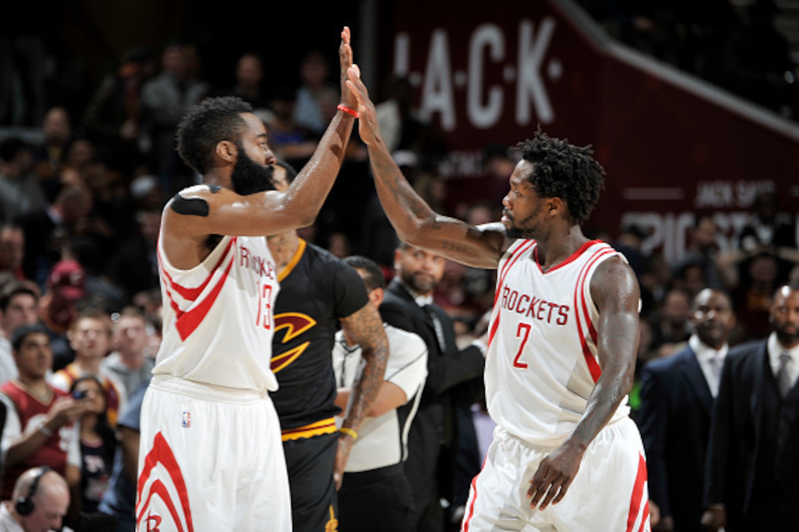 CLEVELAND, OH - MARCH 29: James Harden #13 of the Houston Rockets shakes hands with Patrick Beverley #2 of the Houston Rockets during the game against the Cleveland Cavaliers on March 29, 2016 at Quicken Loans Arena in Cleveland, Ohio. NOTE TO USER: User CLEVELAND, OH - MARCH 29: James Harden #13 of the Houston Rockets shakes hands with Patrick Beverley #2 of the Houston Rockets during the game against the Cleveland Cavaliers on March 29, 2016 at Quicken Loans Arena in Cleveland, Ohio. NOTE TO USER: User