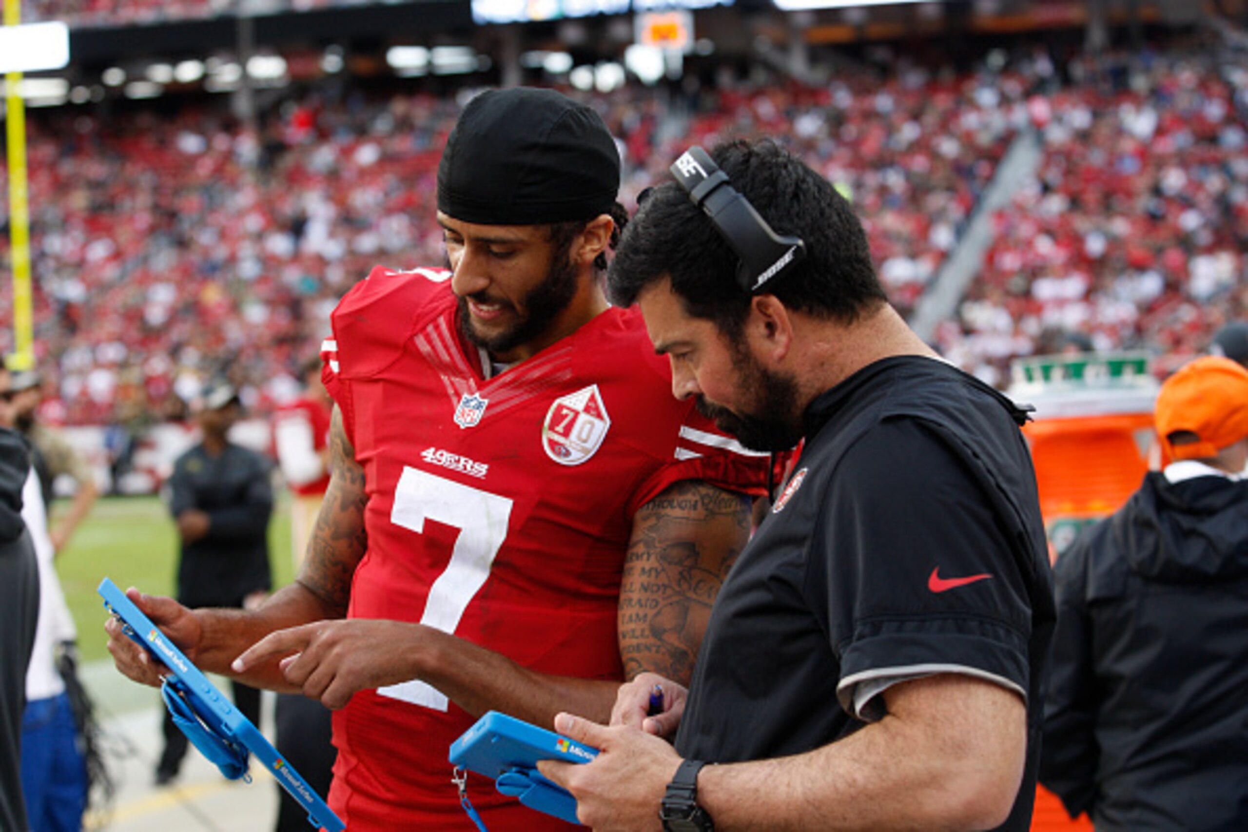 SANTA CLARA, CA - NOVEMBER 6: Colin Kaepernick #7 and Quarterbacks Coach Ryan Day of the San Francisco 49ers talk on the sideline during the game against the New Orleans Saints at Levi Stadium on November 6, 2016 in Santa Clara, California. The Saints def SANTA CLARA, CA - NOVEMBER 6: Colin Kaepernick #7 and Quarterbacks Coach Ryan Day of the San Francisco 49ers talk on the sideline during the game against the New Orleans Saints at Levi Stadium on November 6, 2016 in Santa Clara, California. The Saints def