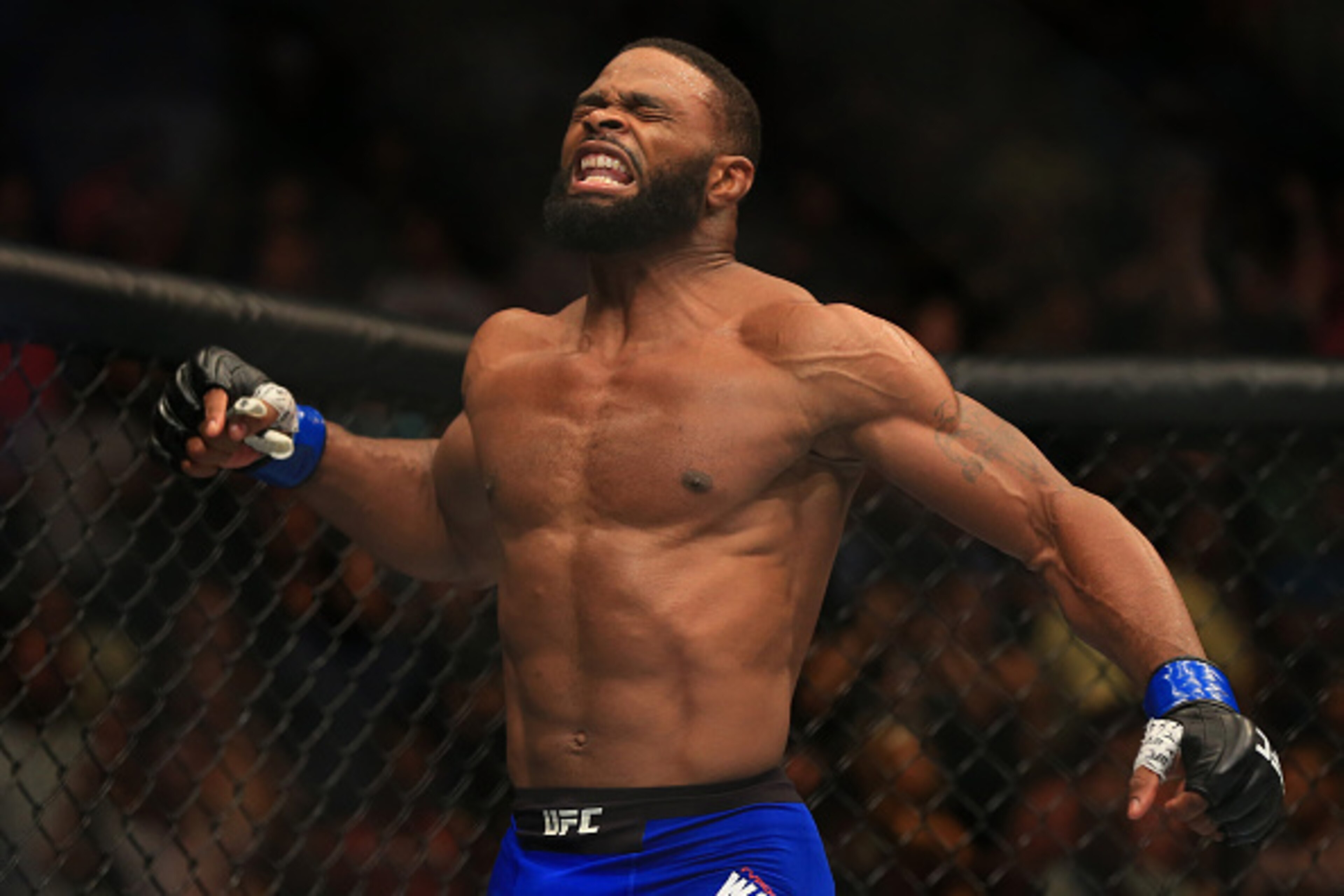ATLANTA, GA - JULY 30:  Tyron Woodley celebrates after his knockout victory over Robbie Lawler in their welterweight championship bout during the UFC 201 event on July 30, 2016 at Philips Arena in Atlanta, Georgia. (Photo by Daniel Shirey/Zuffa LLC/Zuffa 