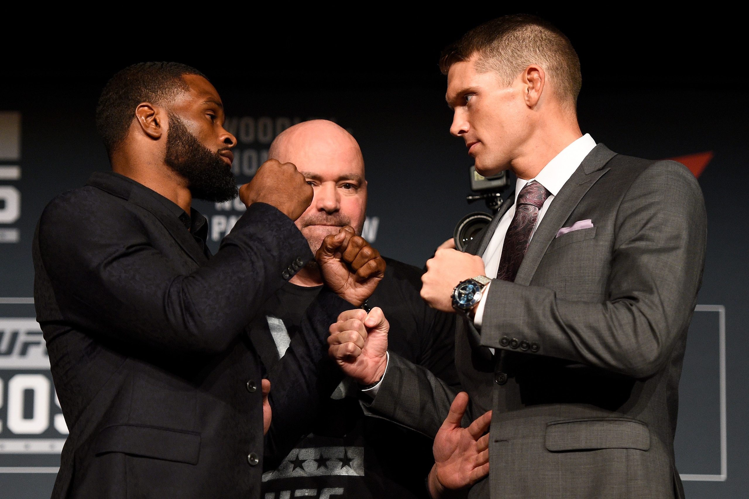 NEW YORK, NY - NOVEMBER 10:  (L-R) Opponents Tyron Woodley and Stephen Thompson face off during the UFC 205 press conference inside The Theater at Madison Square Garden on November 10, 2016 in New York City. (Photo by Jeff Bottari/Zuffa LLC/Zuffa LLC via