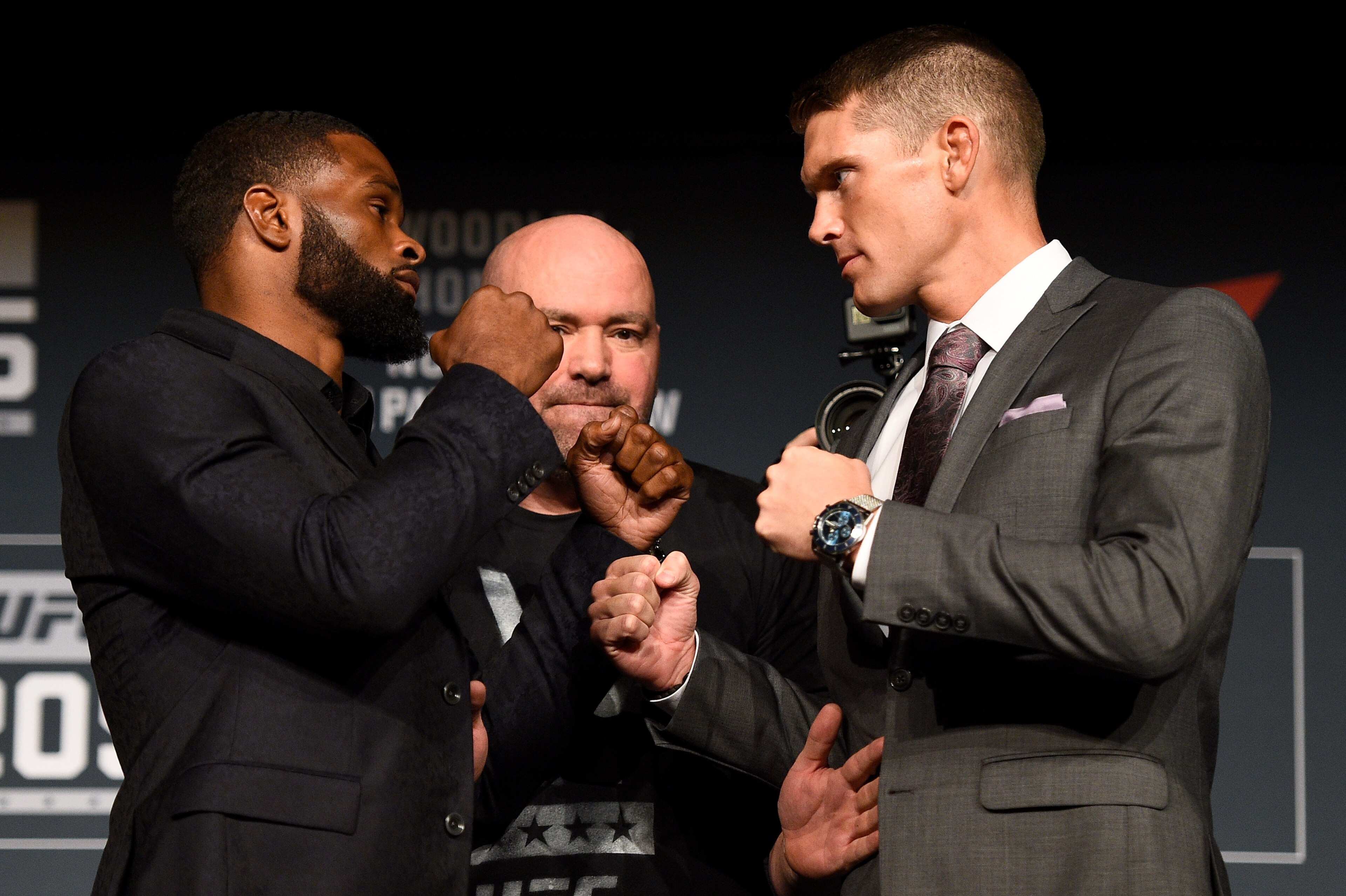 NEW YORK, NY - NOVEMBER 10:  (L-R) Opponents Tyron Woodley and Stephen Thompson face off during the UFC 205 press conference inside The Theater at Madison Square Garden on November 10, 2016 in New York City. (Photo by Jeff Bottari/Zuffa LLC/Zuffa LLC via