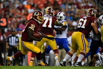 LANDOVER, MD - AUGUST 26:  Running back Robert Kelley #22 of the Washington Redskins runs the ball during the game between the Washington Redskins and the Buffalo Bills at FedExField on August 26, 2016 in Landover, Maryland. The Redskins defeated the Jets