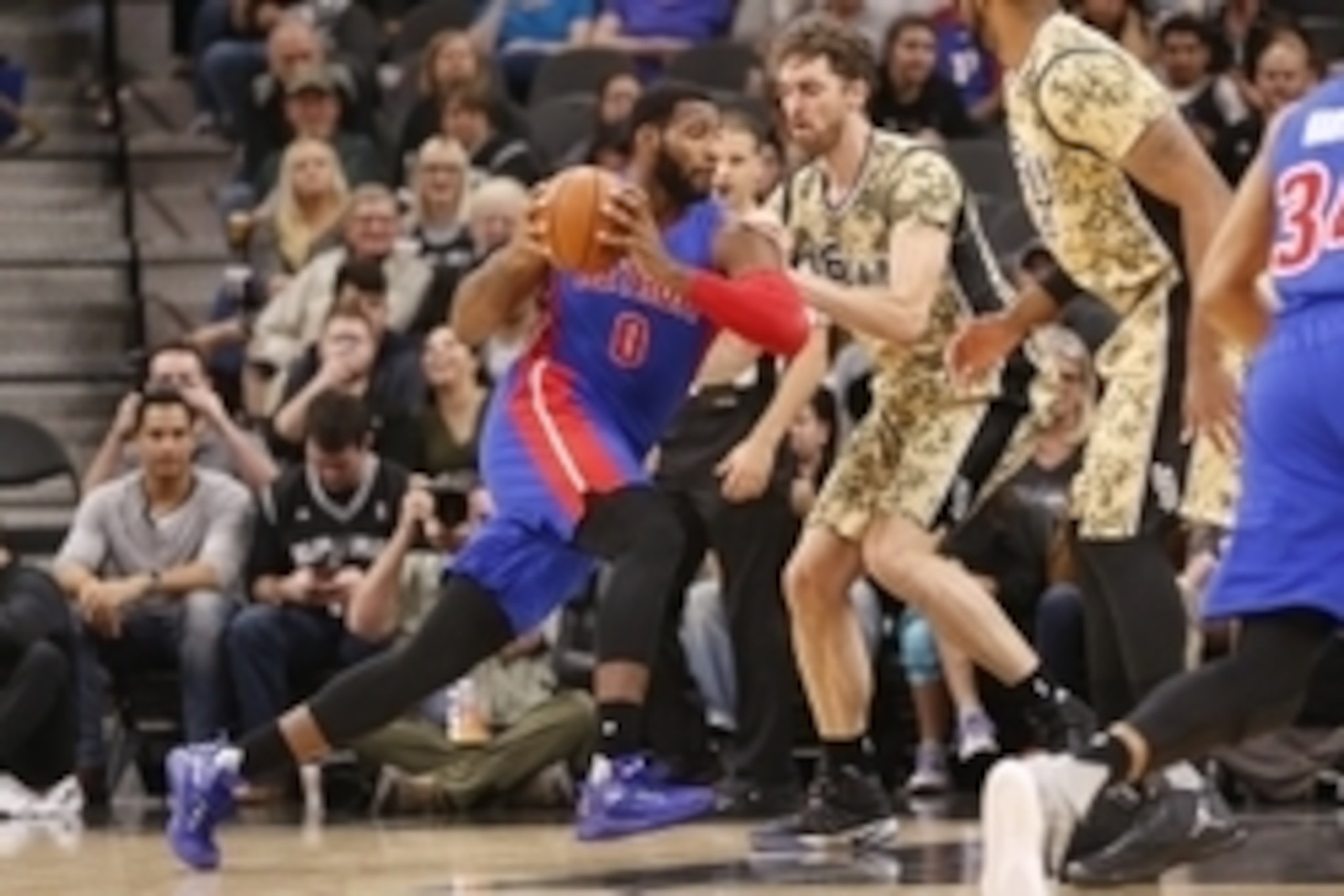 Nov 11, 2016; San Antonio, TX, USA; Detroit Pistons center Andre Drummond (0) dribbles the ball as San Antonio Spurs center Pau Gasol (16) defends during the first half at AT&T Center. Mandatory Credit: Soobum Im-USA TODAY Sports Nov 11, 2016; San Antonio, TX, USA; Detroit Pistons center Andre Drummond (0) dribbles the ball as San Antonio Spurs center Pau Gasol (16) defends during the first half at AT&T Center. Mandatory Credit: Soobum Im-USA TODAY Sports