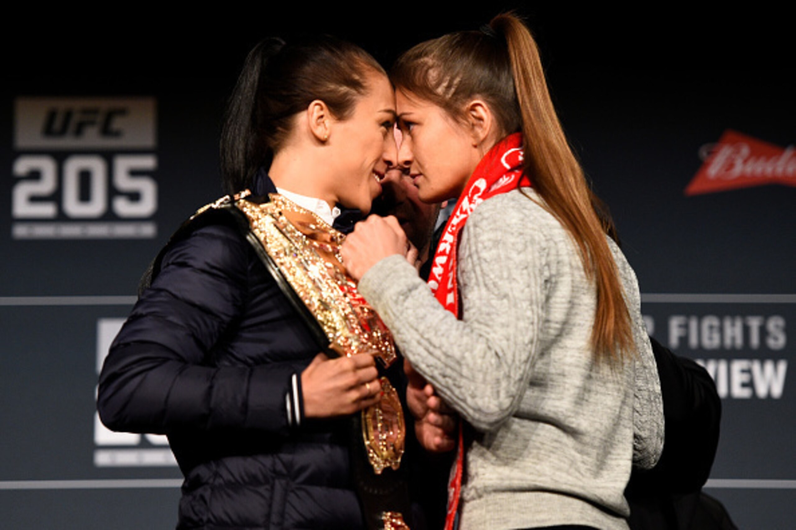 NEW YORK, NY - NOVEMBER 10:  (L-R) Opponents Joanna Jedrzejczyk of Poland and Karolina Kowalkiewicz of Poland face off during the UFC 205 press conference inside The Theater at Madison Square Garden on November 10, 2016 in New York City. (Photo by Jeff Bo